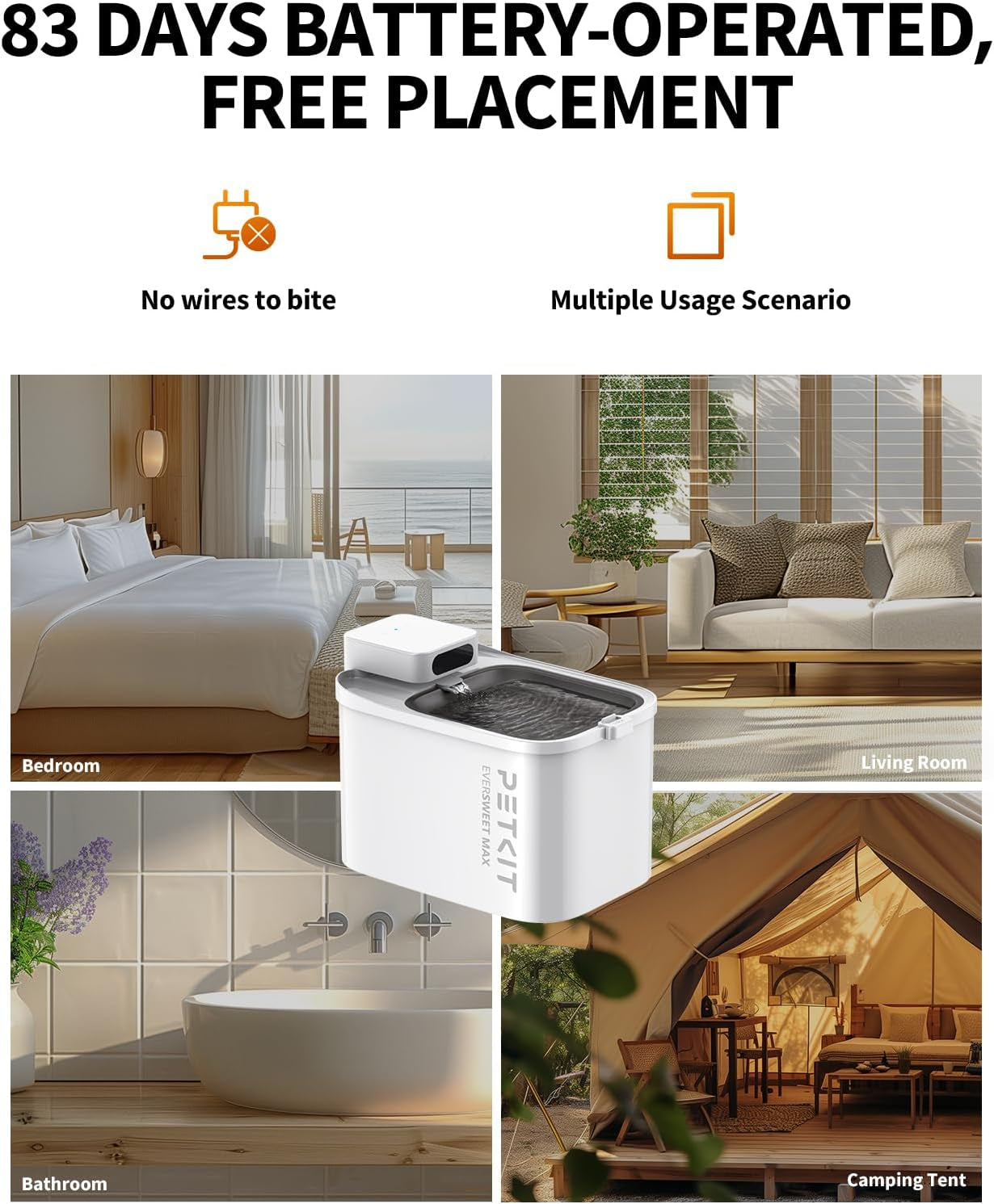 EVERSWEET MAX Cordless Cat Water Fountain with Motion Sensor, 101 Oz/3L Pet Fountain for Cats Dogs Inside, Automatic Cat Water Dispenser Battery Operated (White-Cordless, 3L)