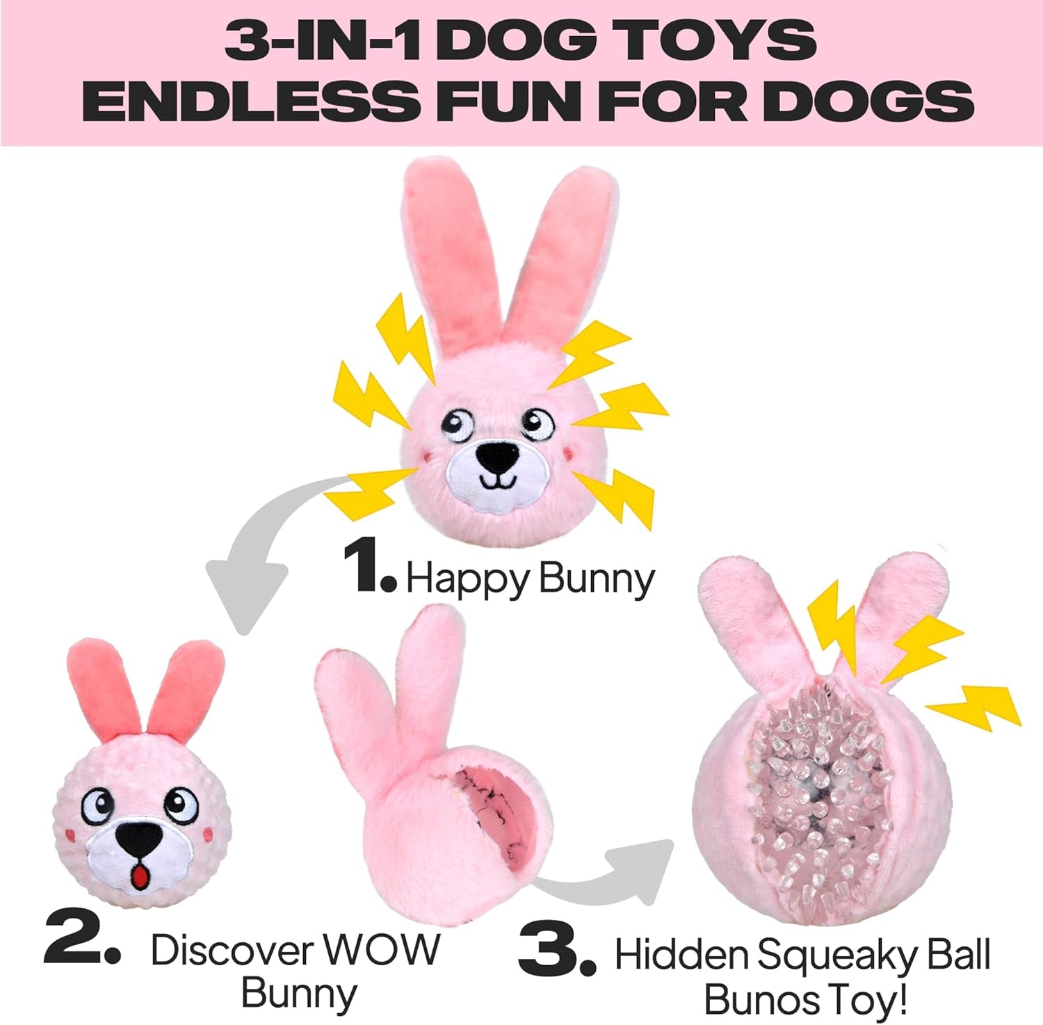 Squeaky Dog Toys for Aggressive Chewers 3 in 1, Dog Chew Toys with 3 Layers,Interactive Dog Toys for Large Dogs Balls to Keep Them Busy for Small Medium Dogs(Pink Bunny)