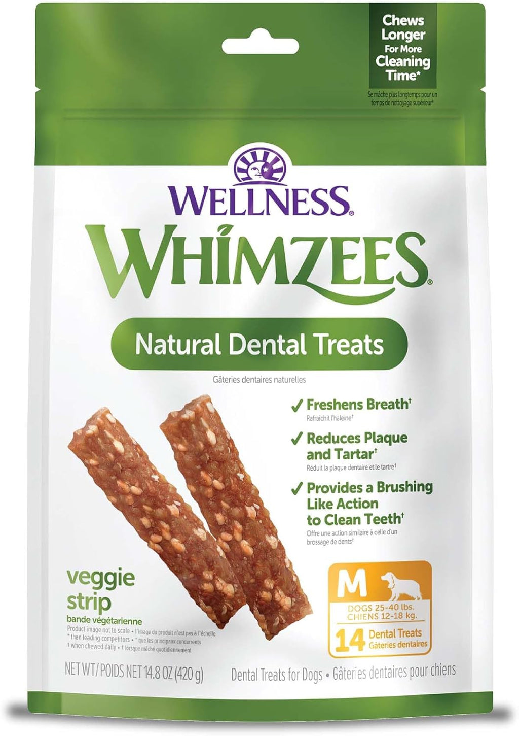 Wellness Veggie Sausage Dog Dental Treats, Natural Chews, Medium Size Stick, (14 Count)
