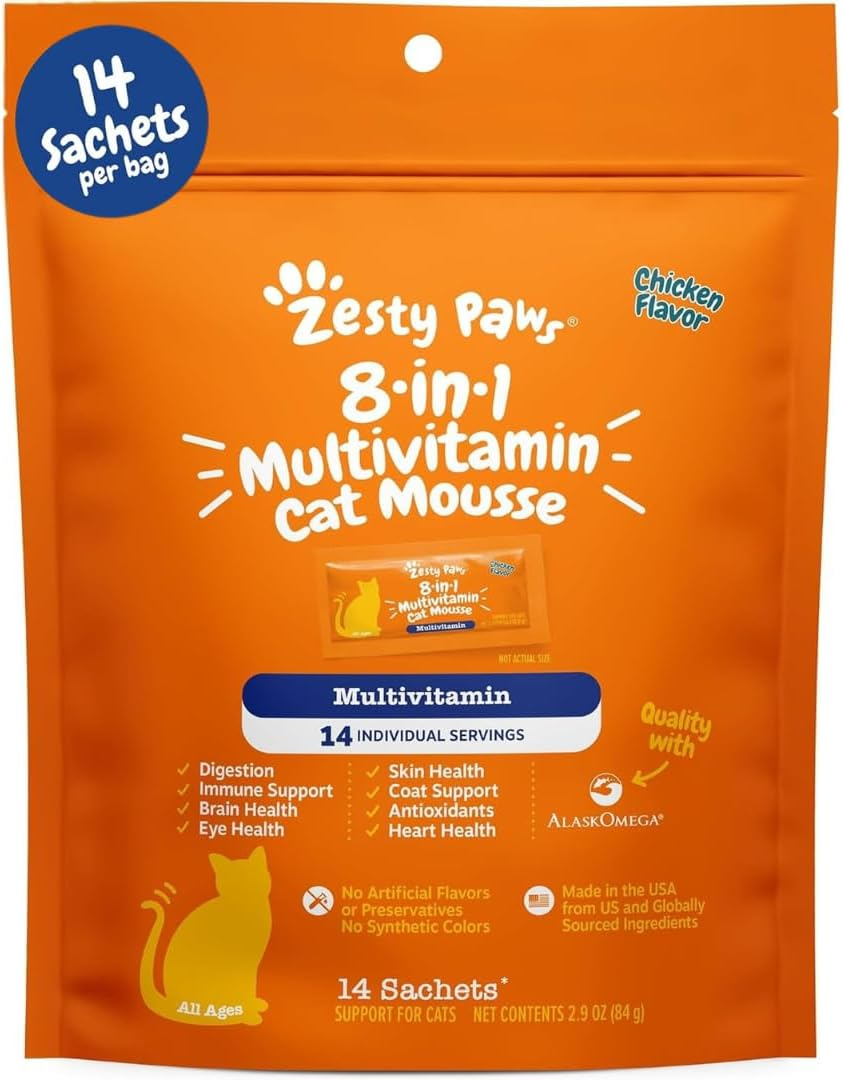 8-In-1 Multivitamin Cat Vitamins & Supplements Mousse - Cat Vitamins for Indoor Cats - Healthy Treat Squeeze up for Gut, Immune, Heart, Skin & Coat Support - Chicken 14Ct