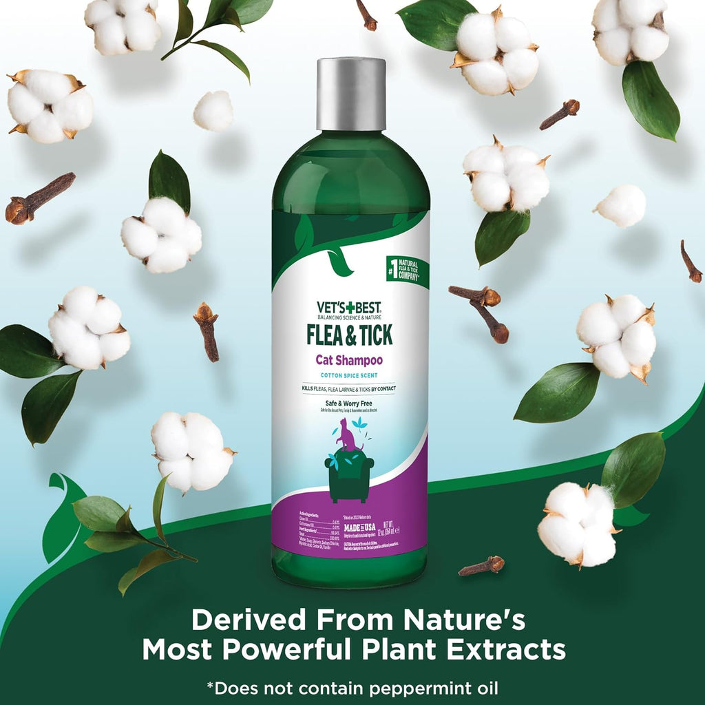 Vet’S Best Natural Flea and Tick Shampoo for Cats – Plant-Based Formula with Certified Essential Oils – Cat-Safe Flea Bath and Pest Control Treatment – Gentle and Effective – 12 Oz Bottle