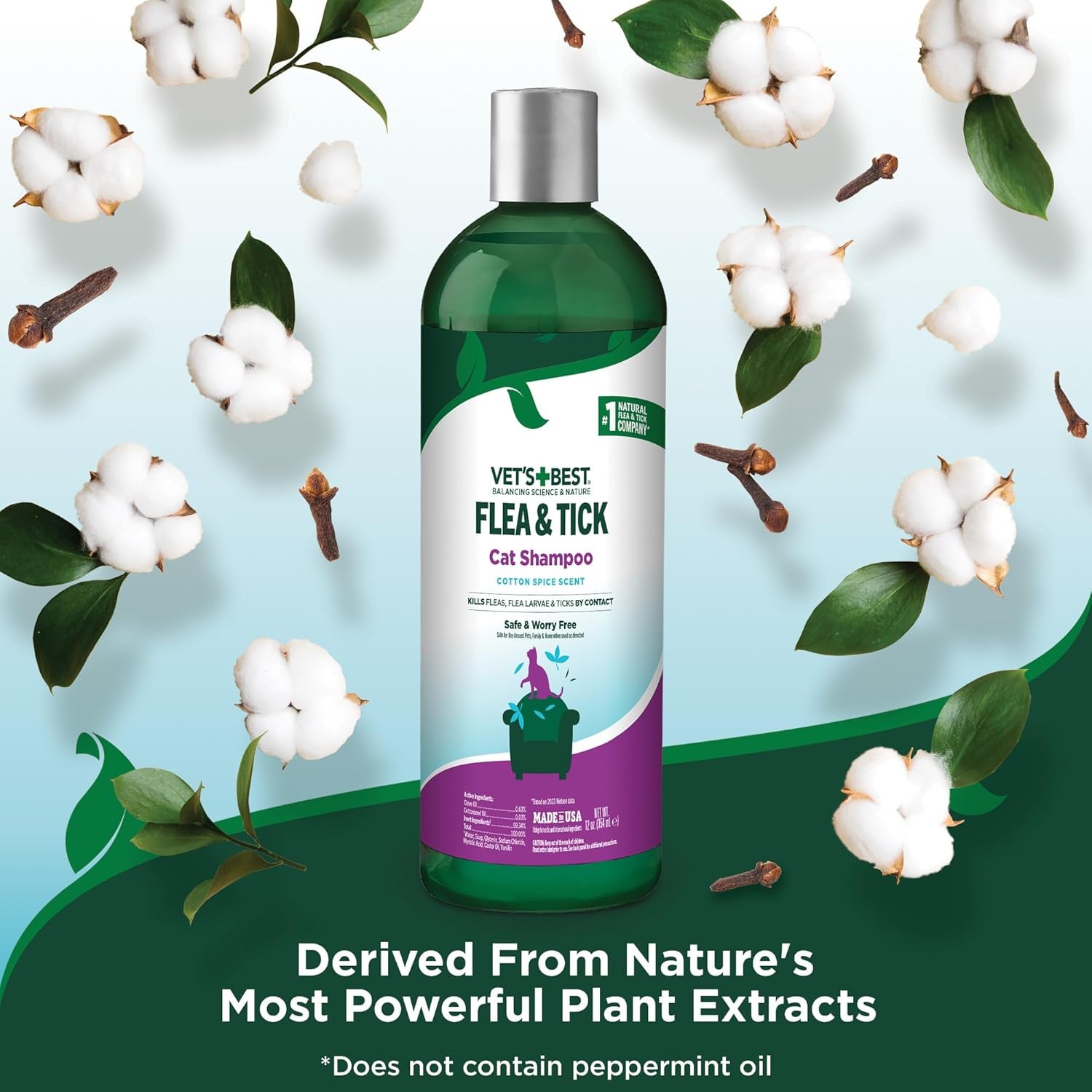 Vet’S Best Natural Flea and Tick Shampoo for Cats – Plant-Based Formula with Certified Essential Oils – Cat-Safe Flea Bath and Pest Control Treatment – Gentle and Effective – 12 Oz Bottle