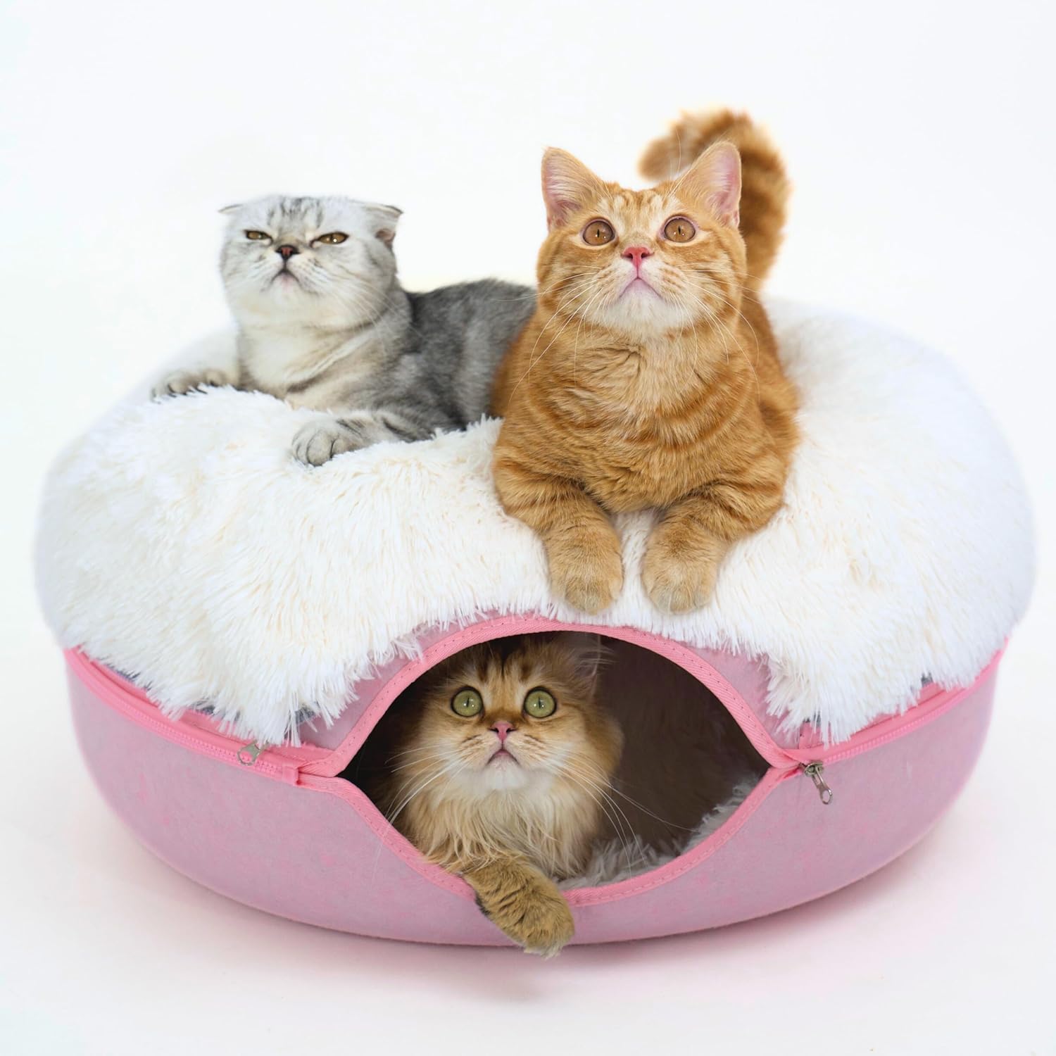 Peekaboo Cat Cave for Multiple & Large Cats up to 30-45 Lbs, Fluffy Cat Beds for Indoor Cats, Scratch Detachable & Washable Tunnel Bed, Comfy Donut Cave (Pink, Large (Calming))