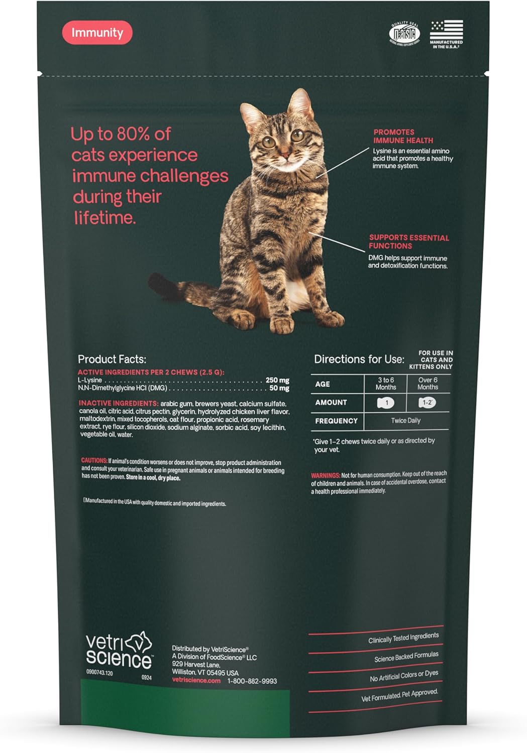 Lysine Immunity Health Chews, 250 Mg Lysine plus Immune Supplement for Cats and Kittens with Allergies, Sneezing, Runny Nose and Watery Eyes, Chicken, 120 Count