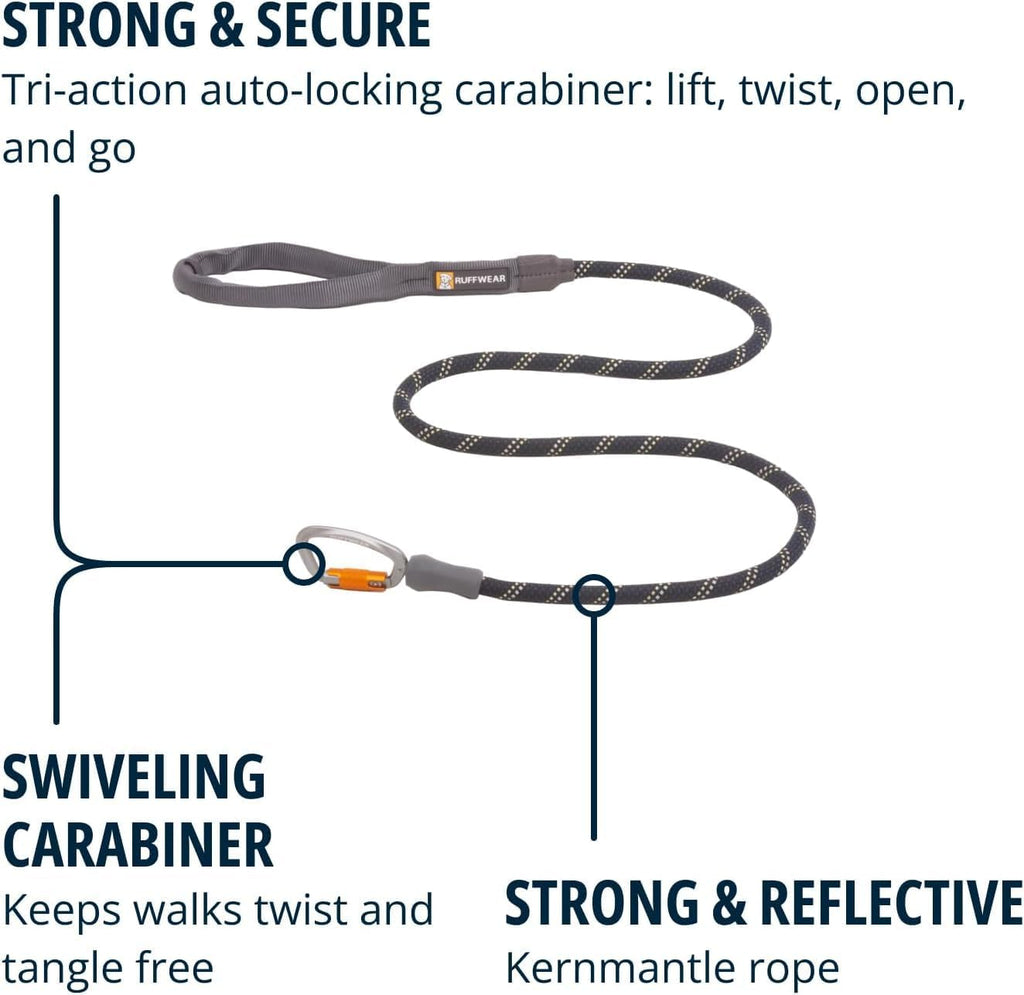 , Knot‑A‑Leash, Climbing‑Inspired Rope Leash, 5 Ft Reflective Rope, Secure Auto‑Locking Swivel Carabiner, Tubular Handle, Accessory Loop for Pick‑Up Bags, Obsidian Black, Small