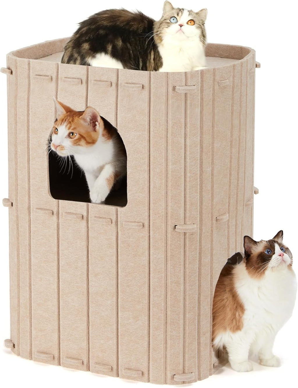 Cat House for Indoor Cats, 2-Storey Large Cat Bed Cave, Cozy Felt Covered Cats Tunnel Condo Hideaway for Multicats, 17.72X14.37X23.62 Inches, Beige