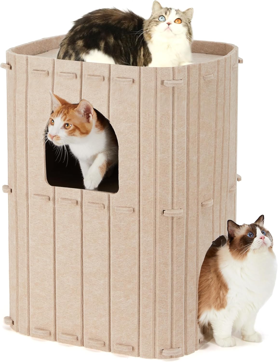 Cat House for Indoor Cats, 2-Storey Large Cat Bed Cave, Cozy Felt Covered Cats Tunnel Condo Hideaway for Multicats, 17.72X14.37X23.62 Inches, Beige