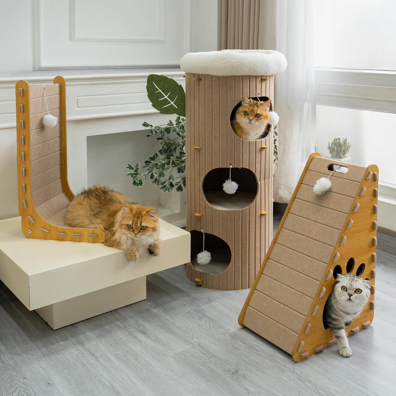 Modern Cat Tower with 3 Levels, 38.5" Tall Hideaway Cat Tree Design, Plush Fleece Top Bed, Built-In Pom-Pom Toys, Natural Ribbed Felt Exterior (Beige)
