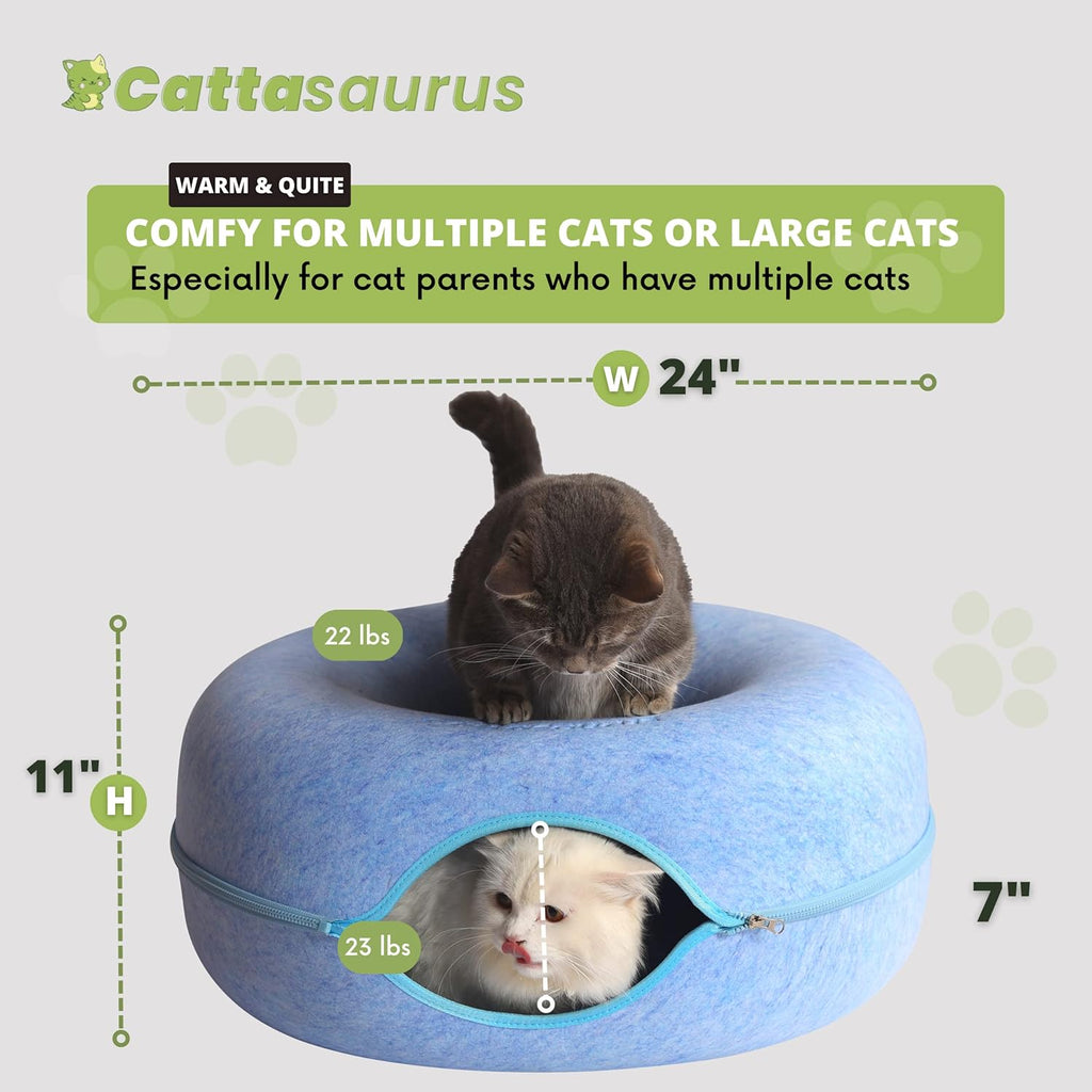 Peekaboo Cat Cave Donut for Multiple & Large Cats up to 30-45 Lbs, 3-In-1 Self Warming Cat Bed, Tunnel & Scratcher for Indoor Cats, Washable & Detachable Small Dog Bed (Blue, Large)
