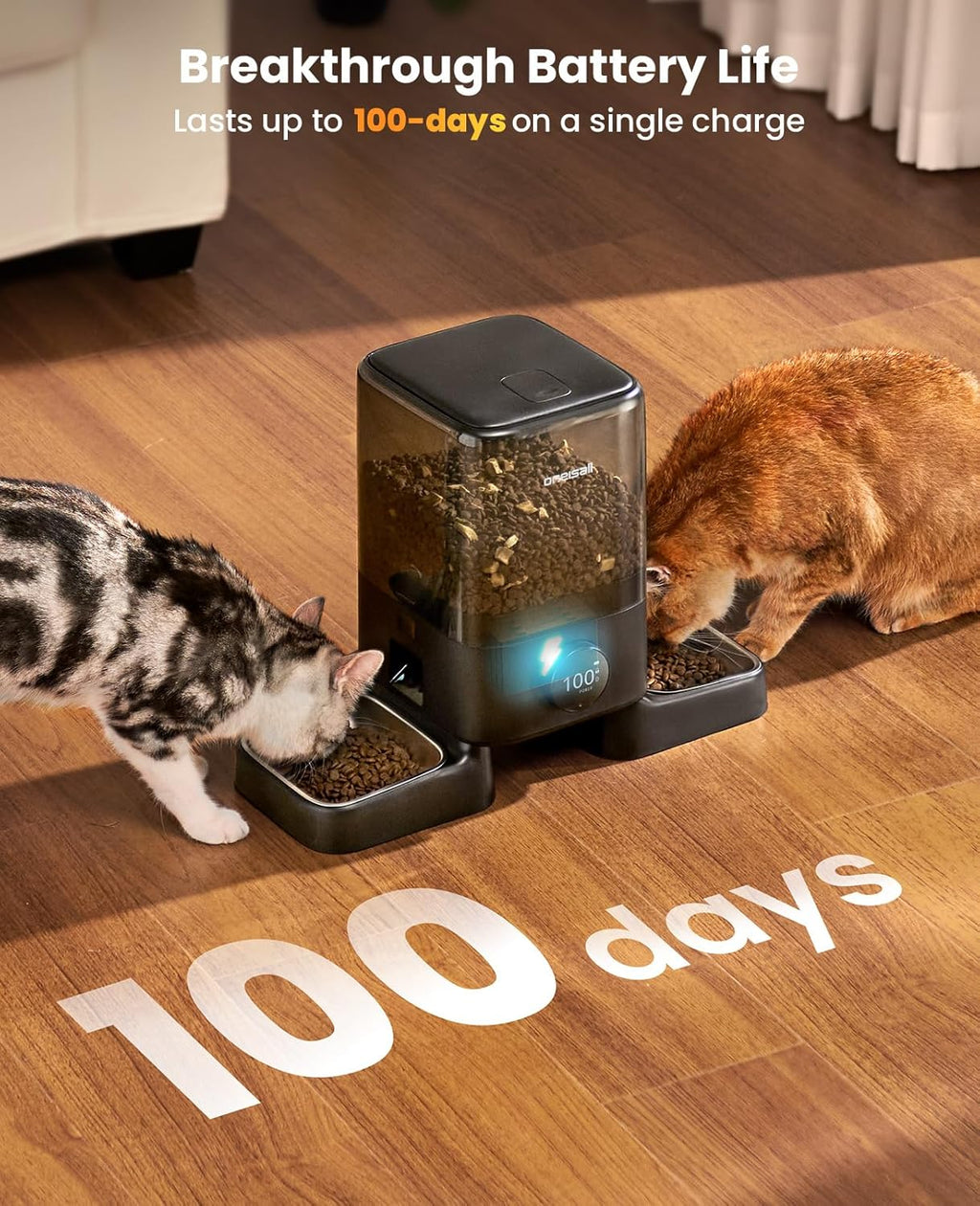 Cordless Wifi Automatic Cat Feeder for 2 Cats, Rechargeable 100-Day Battery Operated Auto Cat Feeder, 20 Cups/5L Timed Cats Food Dispenser Automatic for Large Kibble, Smart App Control