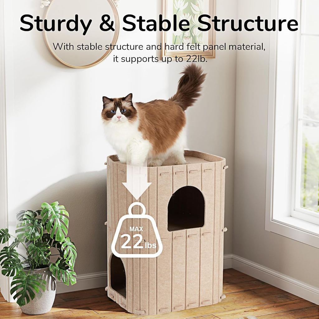 Cat House for Indoor Cats, 2-Storey Large Cat Bed Cave, Cozy Felt Covered Cats Tunnel Condo Hideaway for Multicats, 17.72X14.37X23.62 Inches, Beige
