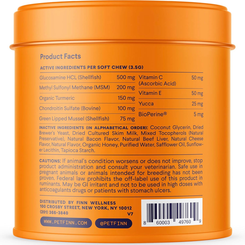 Hip and Joint Supplement for Dogs | Glucosamine, Chondroitin & MSM for Joint and Mobility Support | with Turmeric, Bioperine and B-Vitamins | 90 Soft Chews
