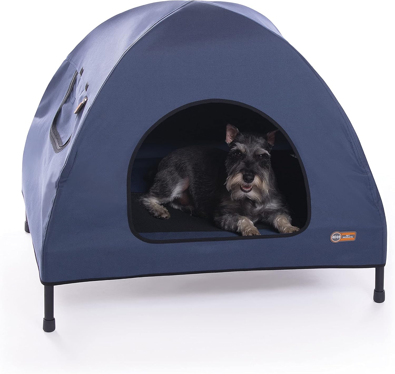 Pet Cot House for Large Dogs, Outdoor Elevated Dog Cot House, Enclosed Canopy, Window Flaps for Air Flow, Washable Cover, Raised Metal Frame, Collapsible - Large 42 X 30In Blue