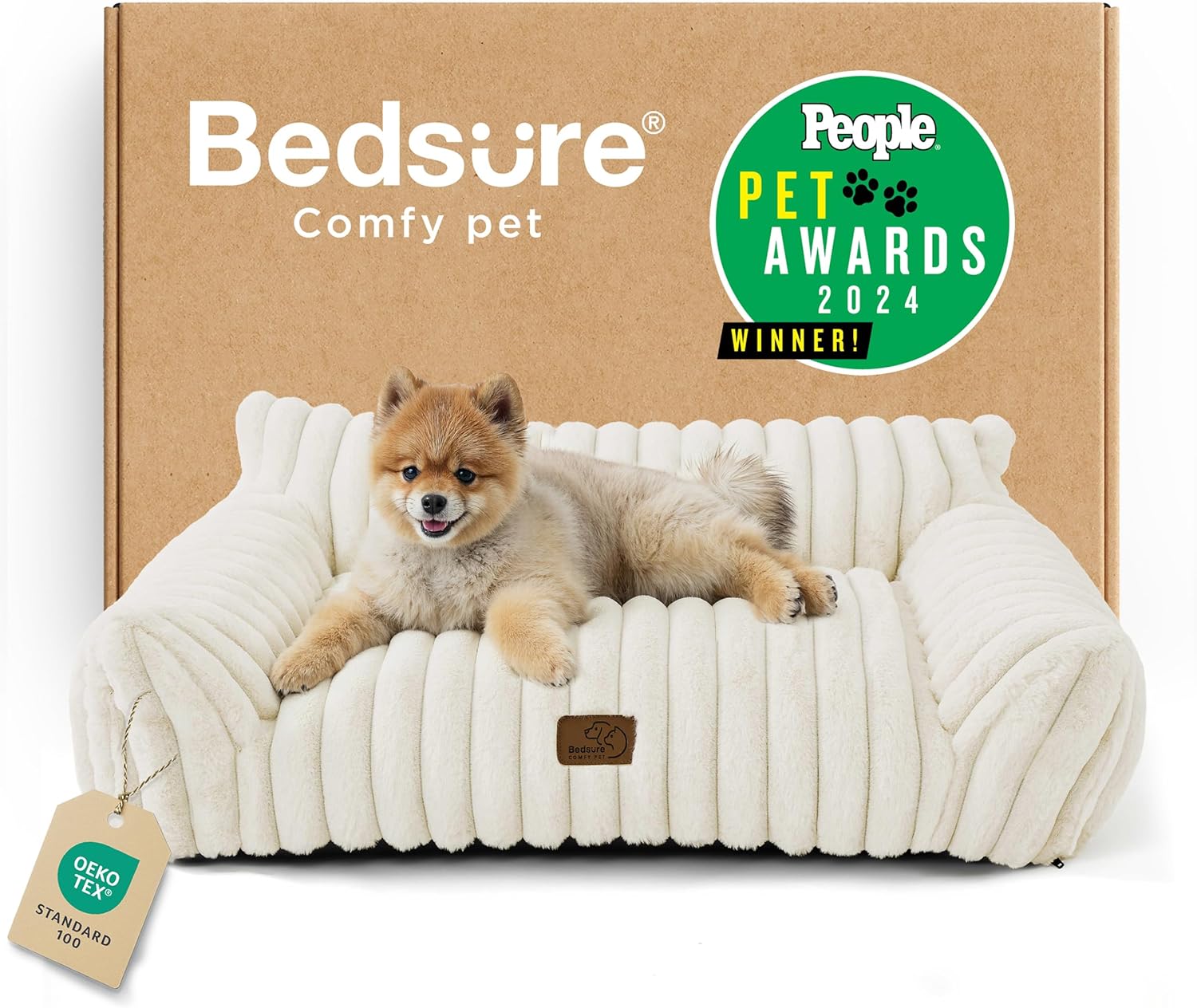 Cute Cat Couch for Pets - Fluffy Cat Beds with Premium Soft Corduroy Fleece, Fuzzy Cats Beds for Indoor Cats with Removable Washable Cover, Supportive Pet Sofa, 24Inch, Cream