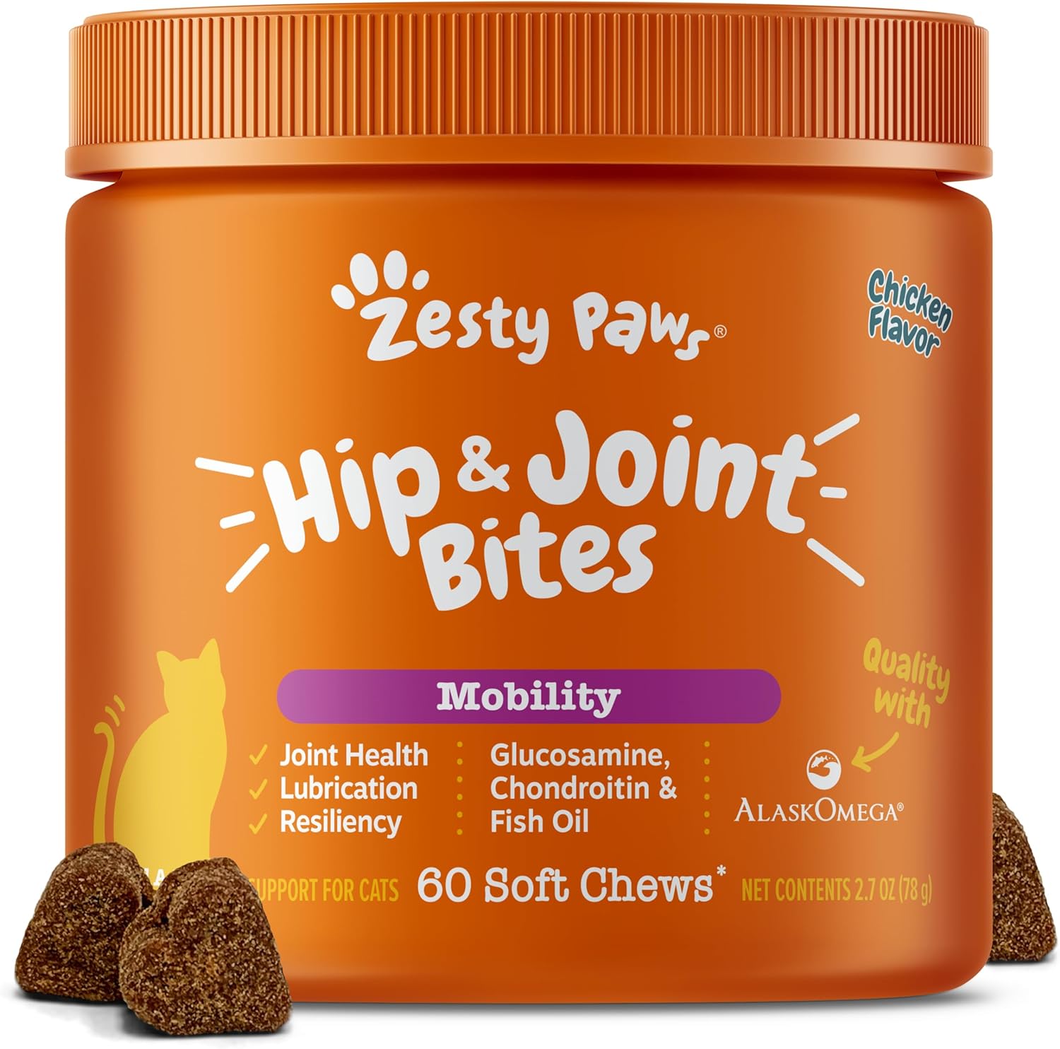 Hip & Joint Bites for Cats - Glucosamine for Cats - with Chondroitin, Turmeric - Cat Joint Supplement for Hip & Joints - Alaskomega Fish Oil with Omega-3 Fatty Acids - 60 Count