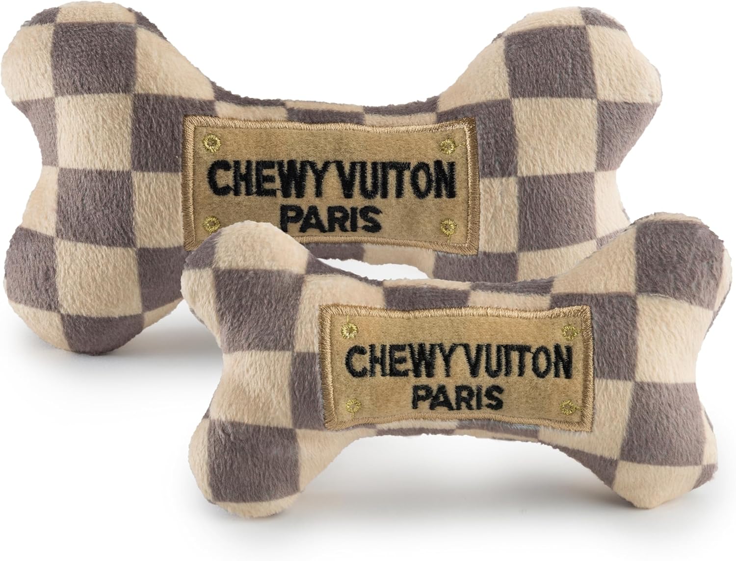 Checker Chewy Vuiton Bone, Plush Designer Dog Toys with Interactive Squeaker, Stimulating Pet Enrichment, Machine-Washable & Safe Materials for All Breeds, Size Medium