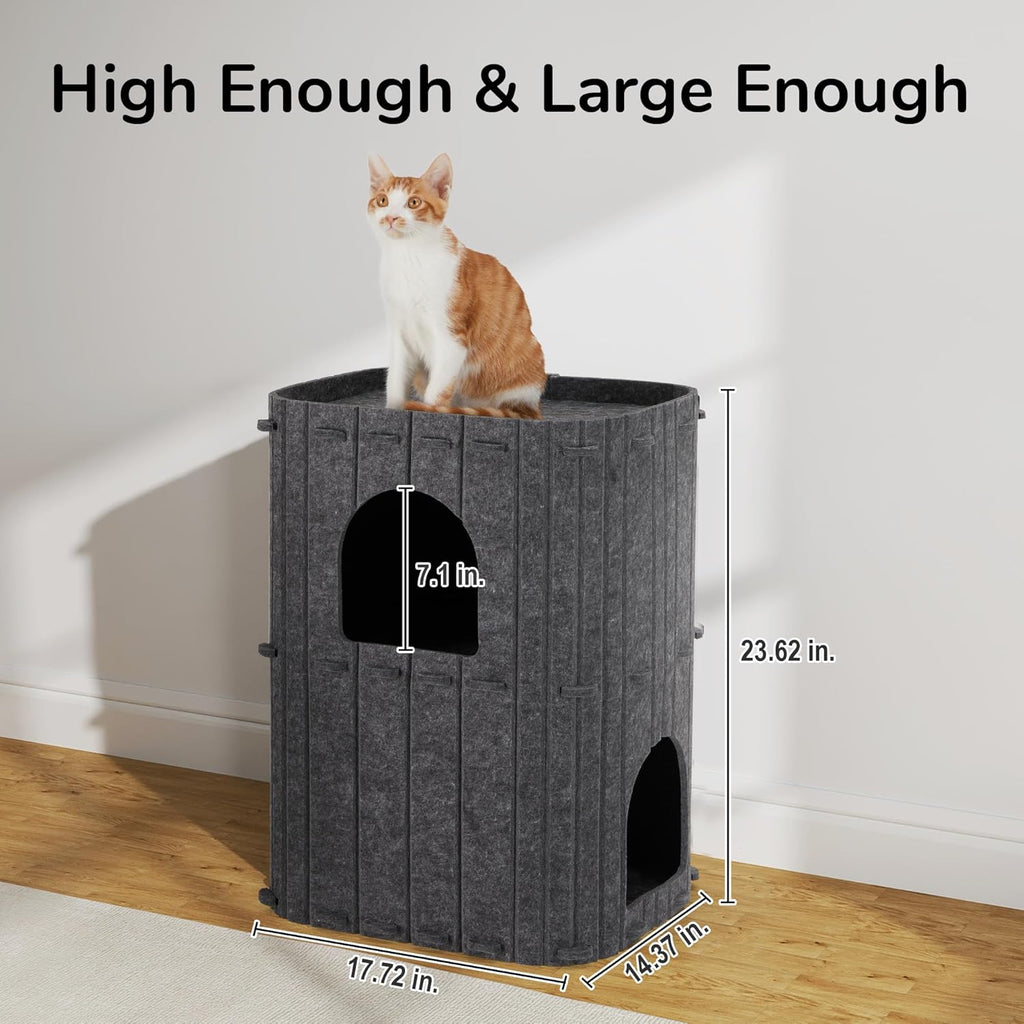 Cat House for Indoor Cats, 2-Storey Large Cat Bed Cave, Cozy Felt Covered Cats Tunnel Condo Hideaway for Multicats, 17.72X14.37X23.62 Inches, Dark Grey