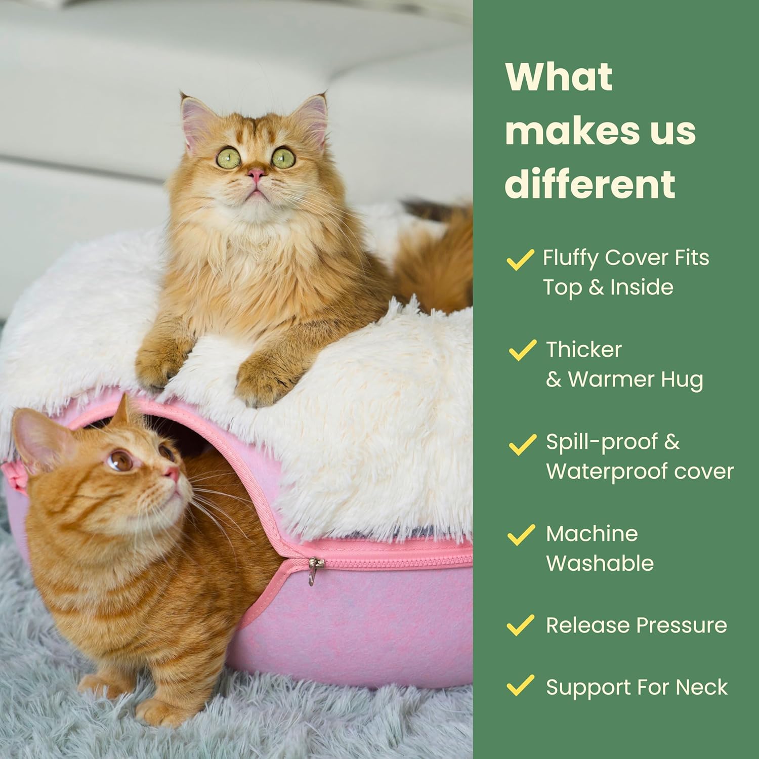 Peekaboo Cat Cave for Multiple & Large Cats up to 30-45 Lbs, Fluffy Cat Beds for Indoor Cats, Scratch Detachable & Washable Tunnel Bed, Comfy Donut Cave (Pink, Large (Calming))