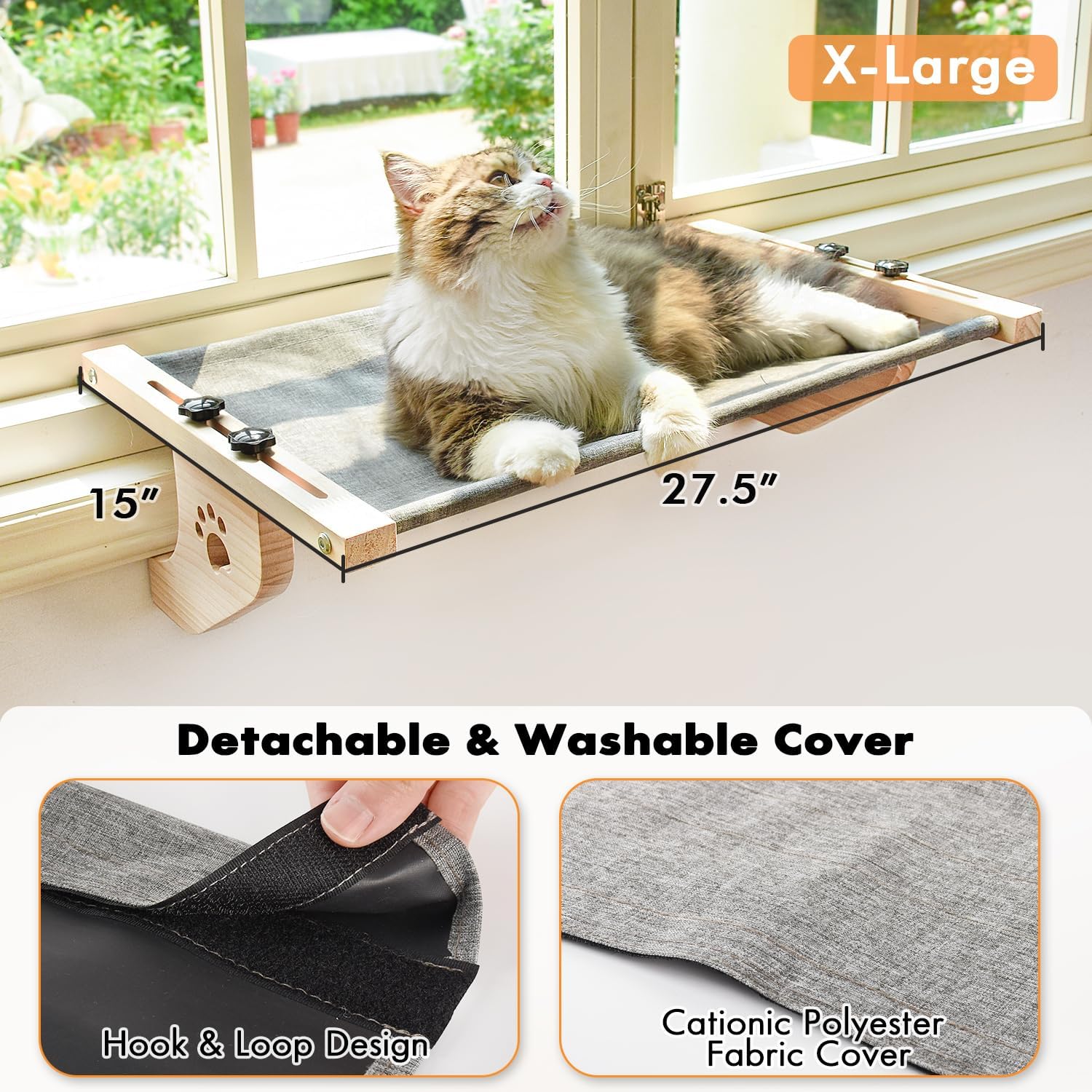 Cat Sill Window Perch Sturdy Cat Hammock Window Seat with Wood & Metal Frame for Large Cats, Easy to Adjust Cat Bed for Windowsill, Bedside, Drawer and Cabinet
