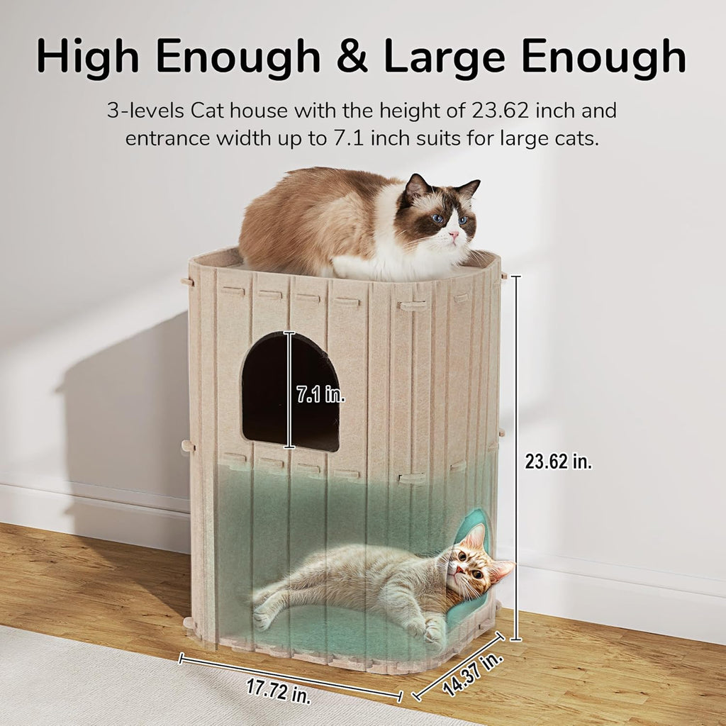 Cat House for Indoor Cats, 2-Storey Large Cat Bed Cave, Cozy Felt Covered Cats Tunnel Condo Hideaway for Multicats, 17.72X14.37X23.62 Inches, Beige