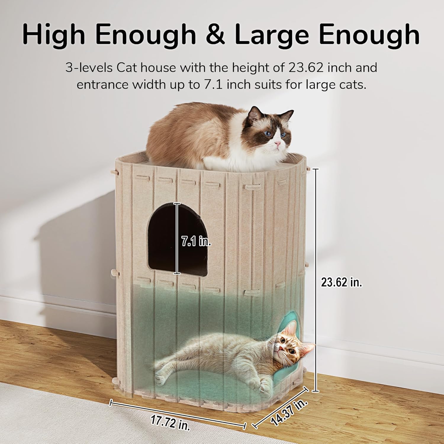 Cat House for Indoor Cats, 2-Storey Large Cat Bed Cave, Cozy Felt Covered Cats Tunnel Condo Hideaway for Multicats, 17.72X14.37X23.62 Inches, Beige