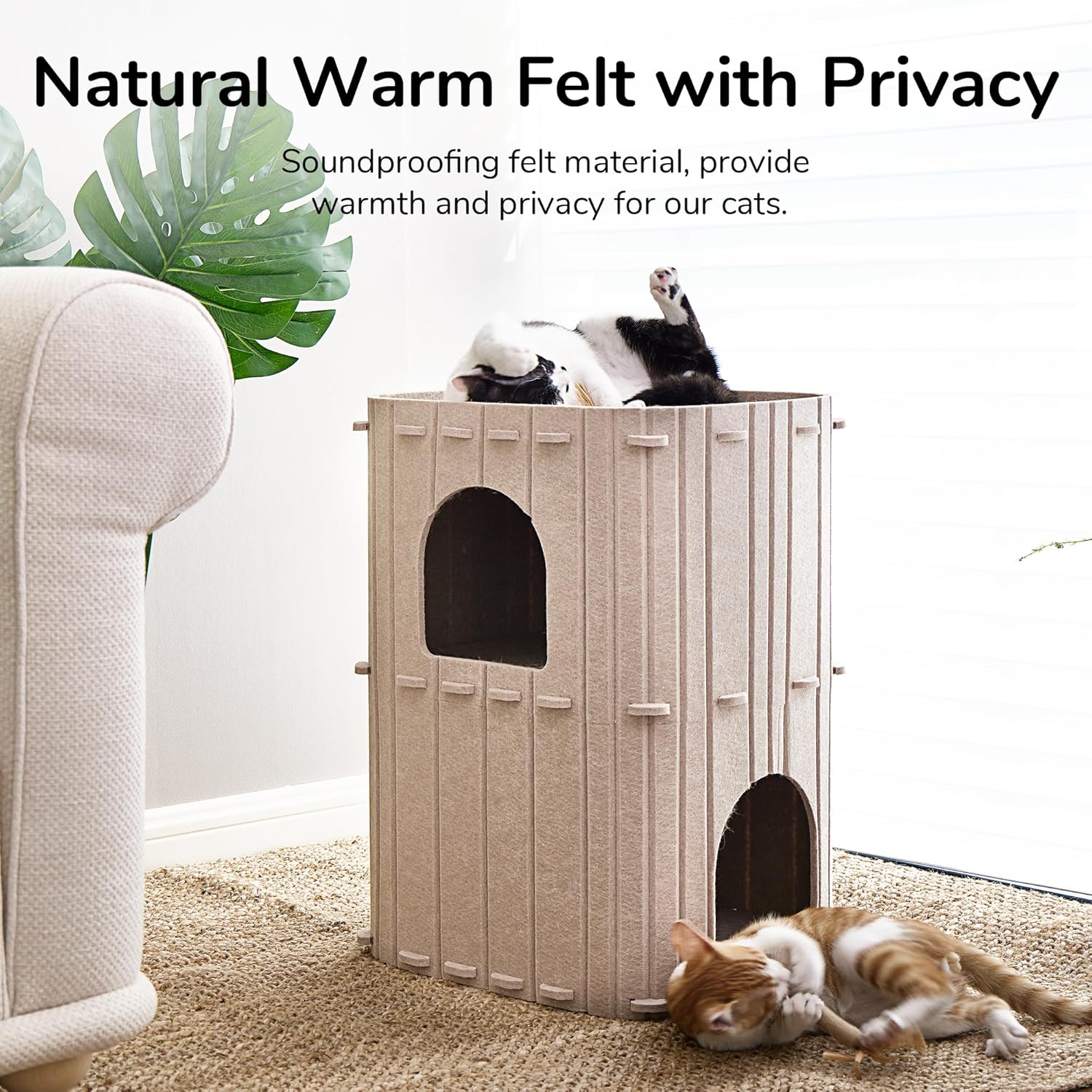 Cat House for Indoor Cats, 2-Storey Large Cat Bed Cave, Cozy Felt Covered Cats Tunnel Condo Hideaway for Multicats, 17.72X14.37X23.62 Inches, Beige