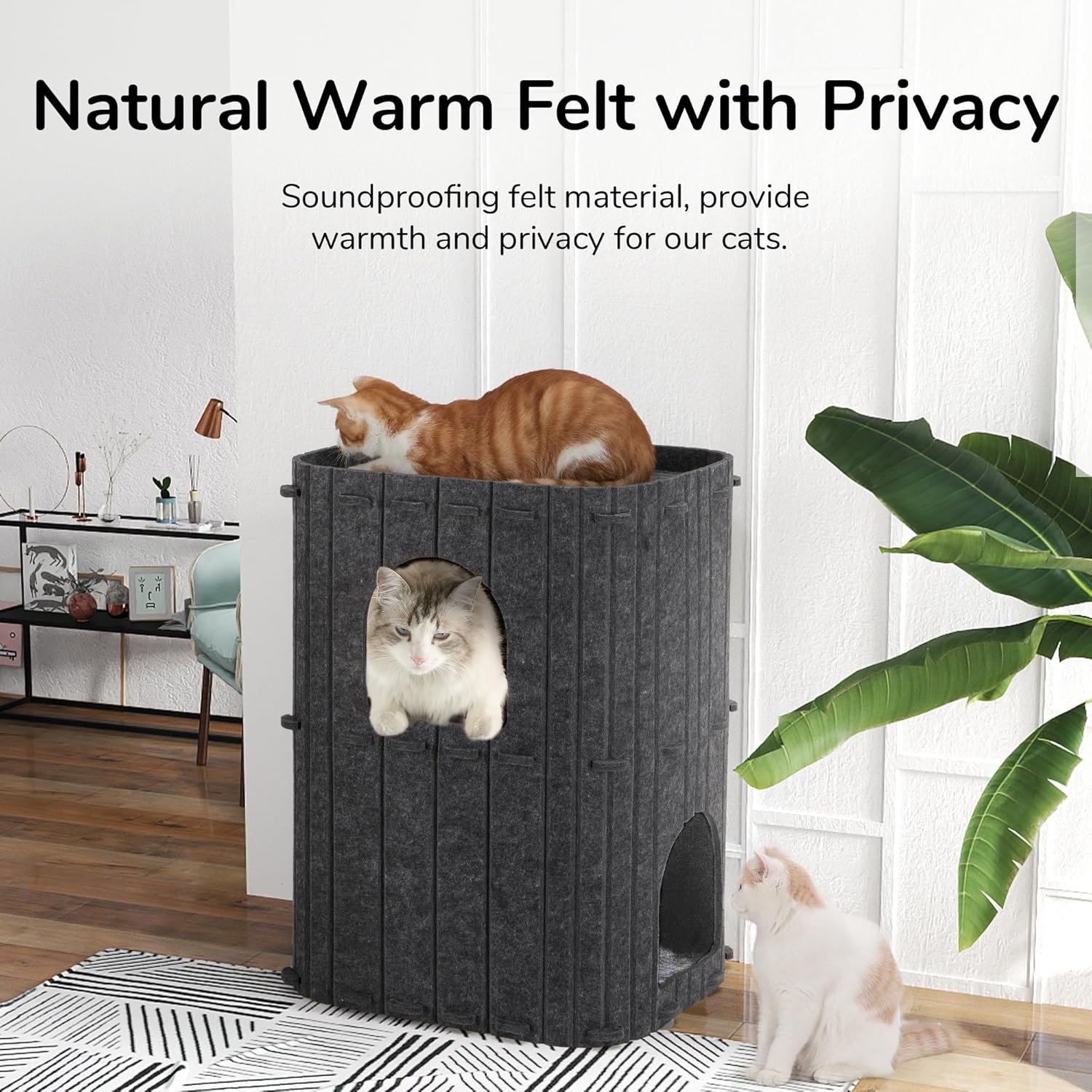 Cat House for Indoor Cats, 2-Storey Large Cat Bed Cave, Cozy Felt Covered Cats Tunnel Condo Hideaway for Multicats, 17.72X14.37X23.62 Inches, Dark Grey
