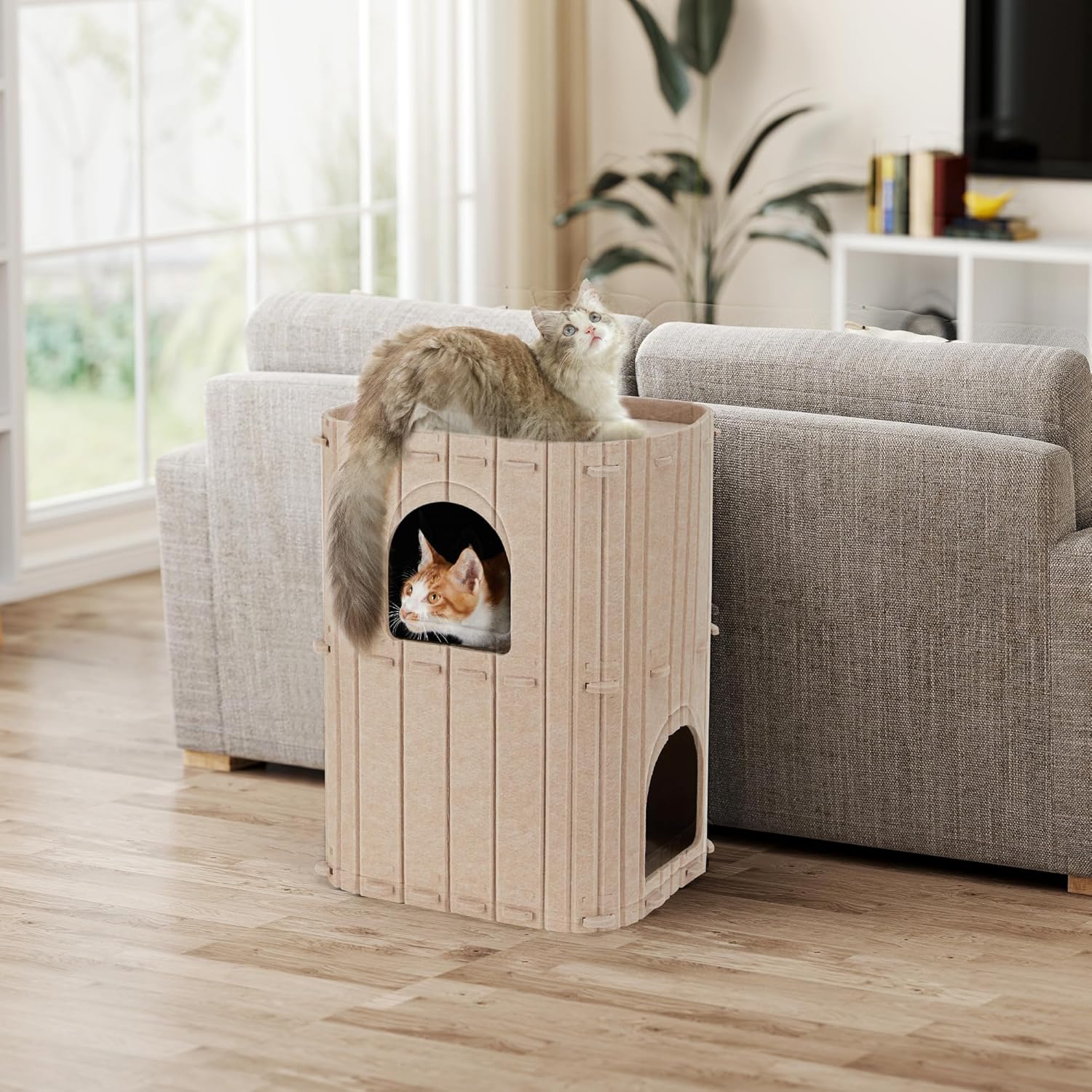 Cat House for Indoor Cats, 2-Storey Large Cat Bed Cave, Cozy Felt Covered Cats Tunnel Condo Hideaway for Multicats, 17.72X14.37X23.62 Inches, Beige