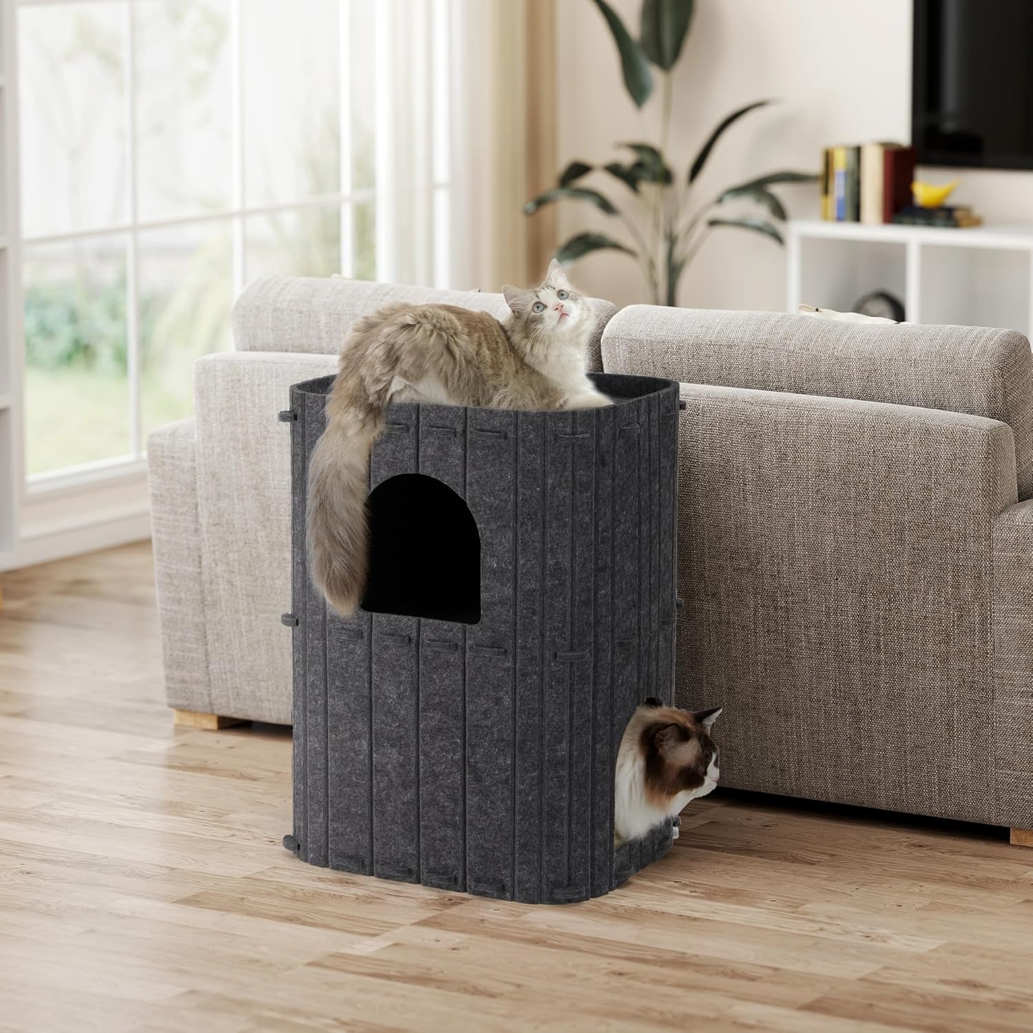 Cat House for Indoor Cats, 2-Storey Large Cat Bed Cave, Cozy Felt Covered Cats Tunnel Condo Hideaway for Multicats, 17.72X14.37X23.62 Inches, Dark Grey