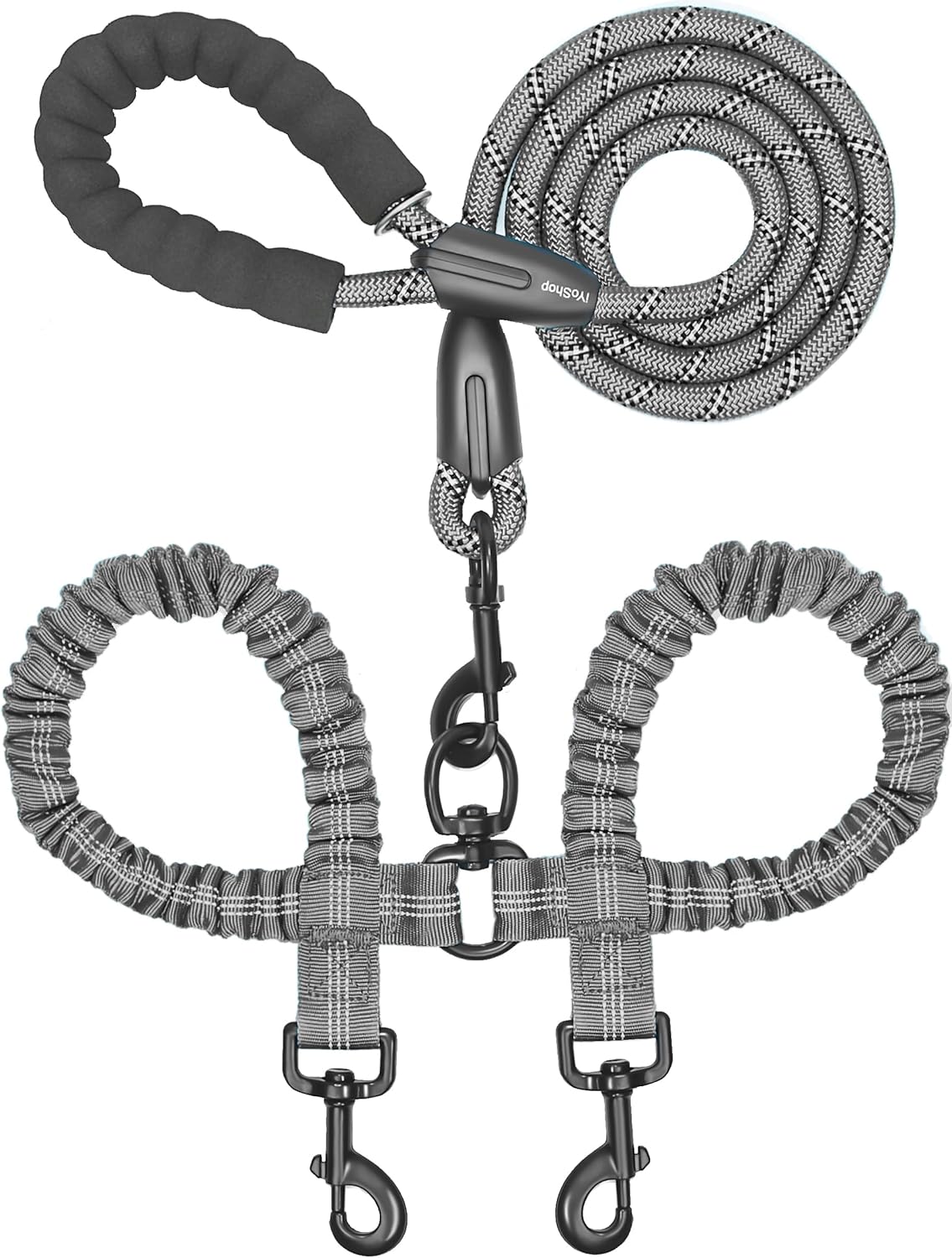 Dual Dog Leash - 360° Swivel, No Tangle Walking Leash with Shock Absorbing Bungee for Two Dogs (Large, 25-150 Lbs, Black)
