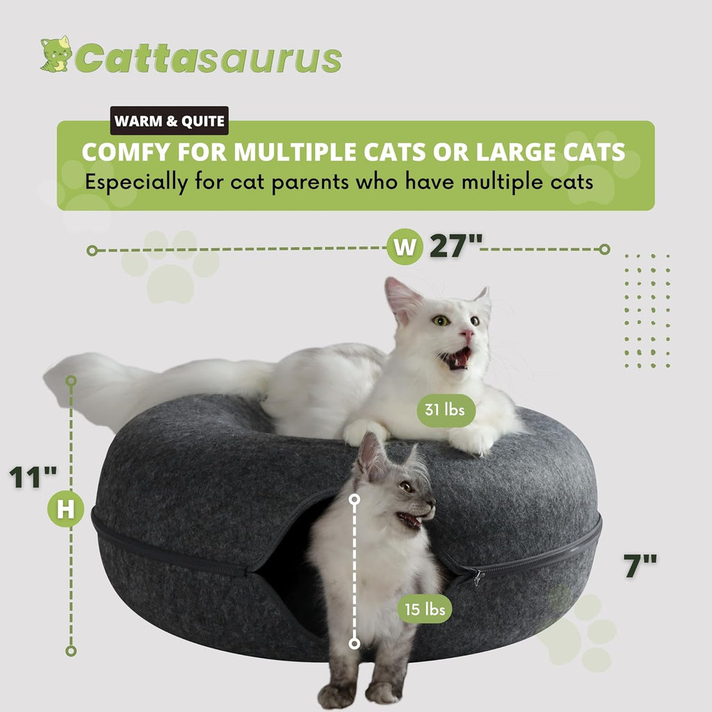 Peekaboo Cat Cave Donut for Multiple & Large Cats up to 30-45 Lbs, 3-In-1 Self Warming Cat Bed, Tunnel & Scratcher for Indoor Cats, Washable & Detachable Small Dog Bed (Dark Gray, Jumbo)