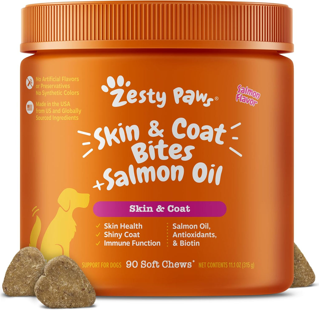 Salmon Oil for Dogs Skin and Coat, Omega 3 Fish Oil Chews, Dog Allergy Relief Chews, Itch Relief Supplement, 90 Count, Salmon Flavor