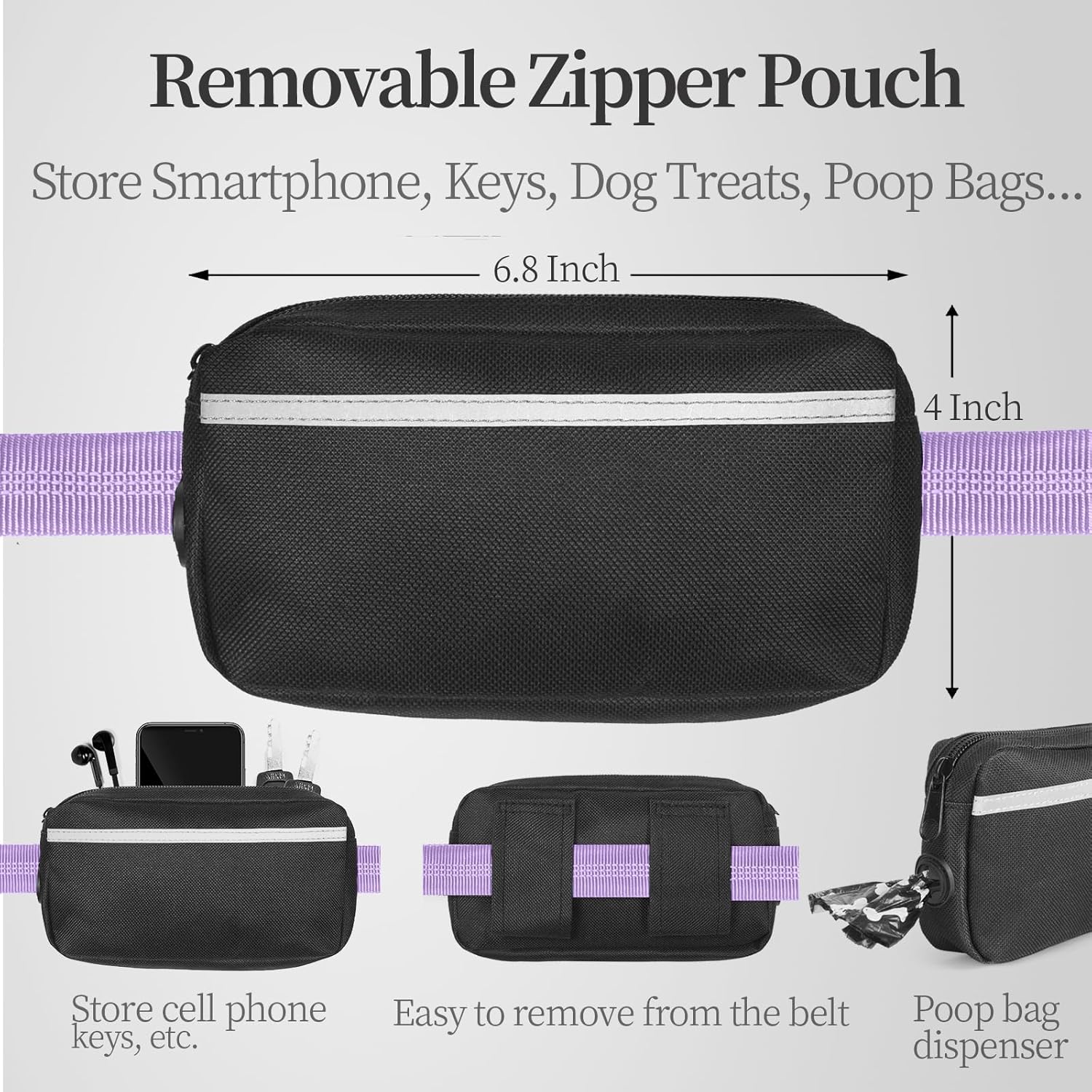 Hands Free Dog Leash with Zipper Pouch, Dual Padded Handles and Durable Bungee for Walking, Jogging and Running Your Dog (Large, 25-120 Lbs, Lavender)