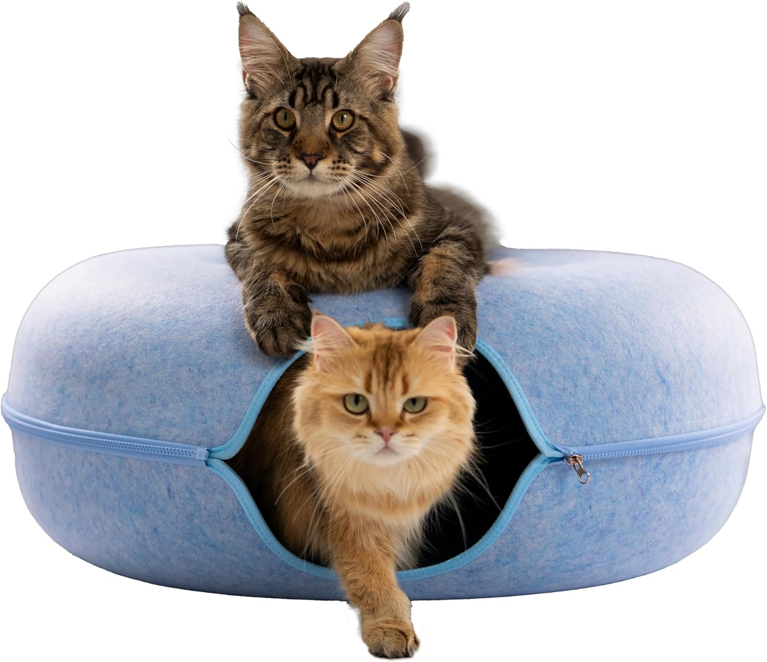 Peekaboo Cat Cave Donut for Multiple & Large Cats up to 30-45 Lbs, 3-In-1 Self Warming Cat Bed, Tunnel & Scratcher for Indoor Cats, Washable & Detachable Small Dog Bed (Blue, Large)