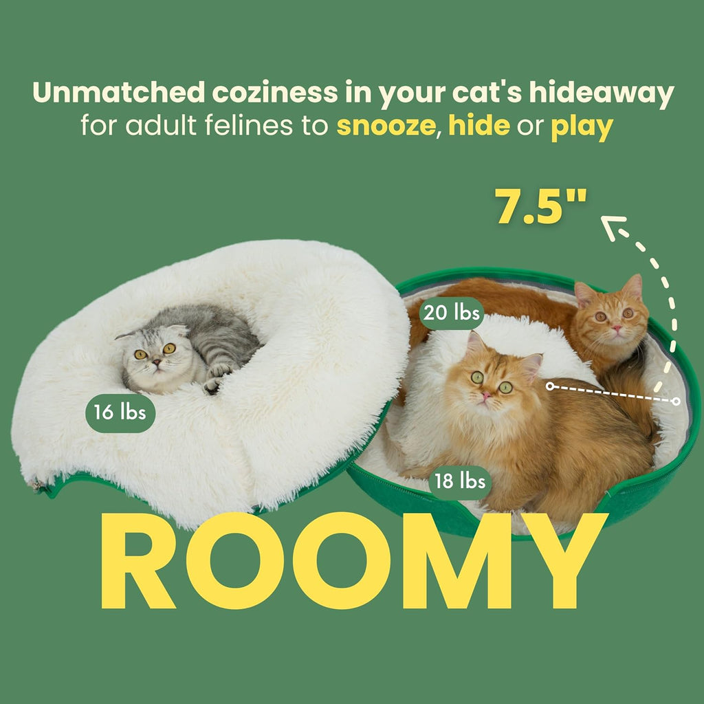 Peekaboo Cat Cave for Multiple & Large Cats up to 30-45 Lbs, Fluffy Cat Beds & Furniture, Scratch Detachable & Washable Tunnel Bed, Comfy Donut Bed (Forest Green, Large (Calming))