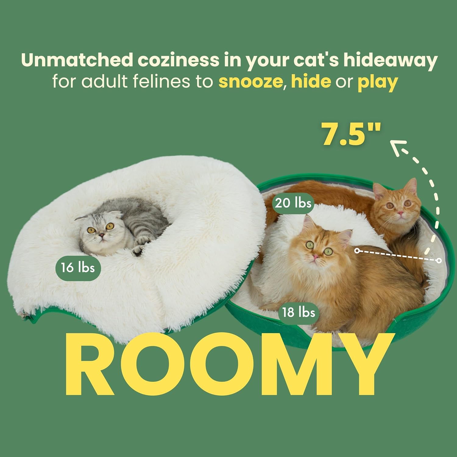 Peekaboo Cat Cave for Multiple & Large Cats up to 30-45 Lbs, Fluffy Cat Beds & Furniture, Scratch Detachable & Washable Tunnel Bed, Comfy Donut Bed (Forest Green, Large (Calming))
