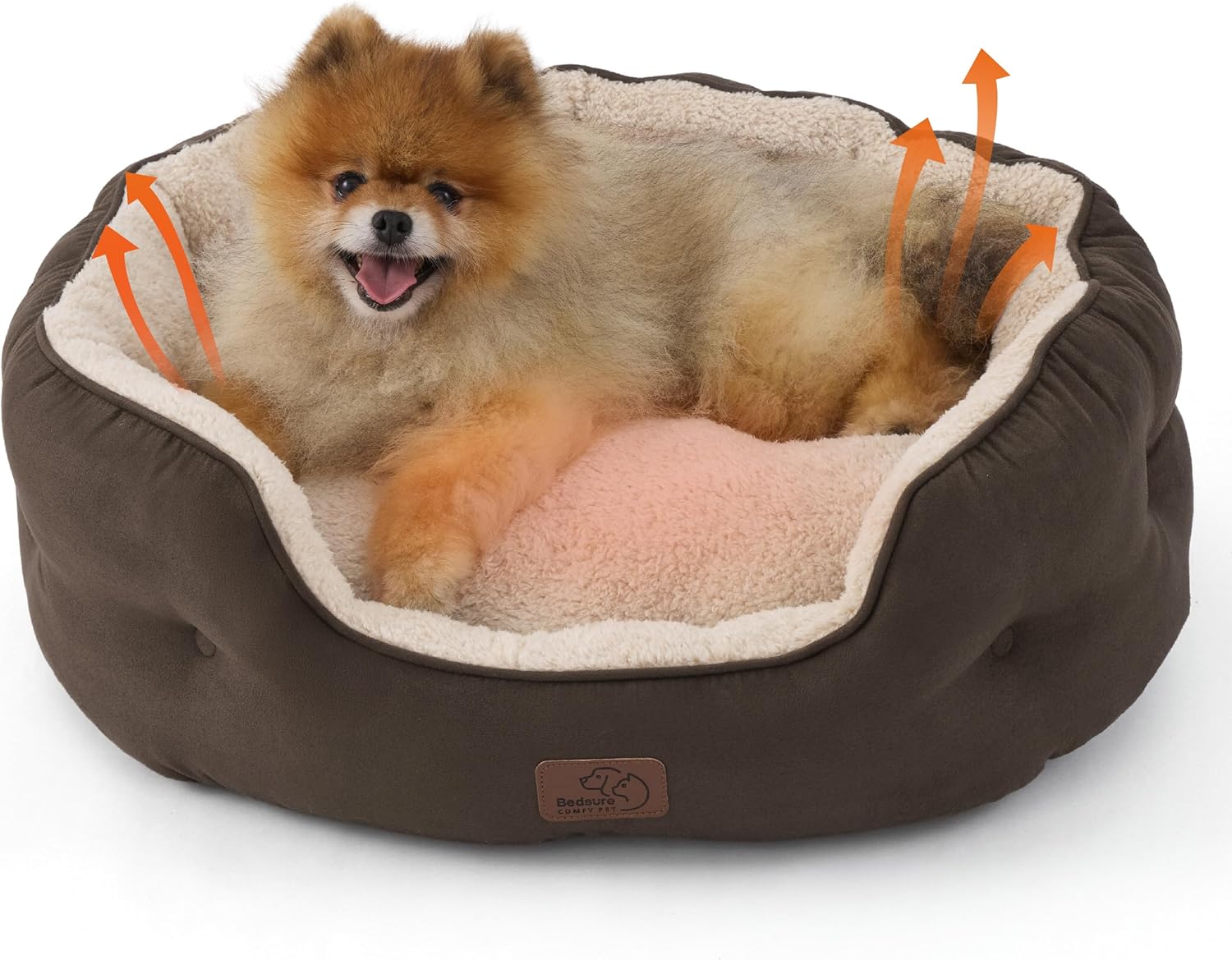 Self Warming Dog Beds for Small Dogs - round Medium Cat Beds for Indoor Cats, Washable Pet Bed for Puppy and Kitten with Slip-Resistant Bottom, 25 Inches, Self Warming Brown, Non-Electric