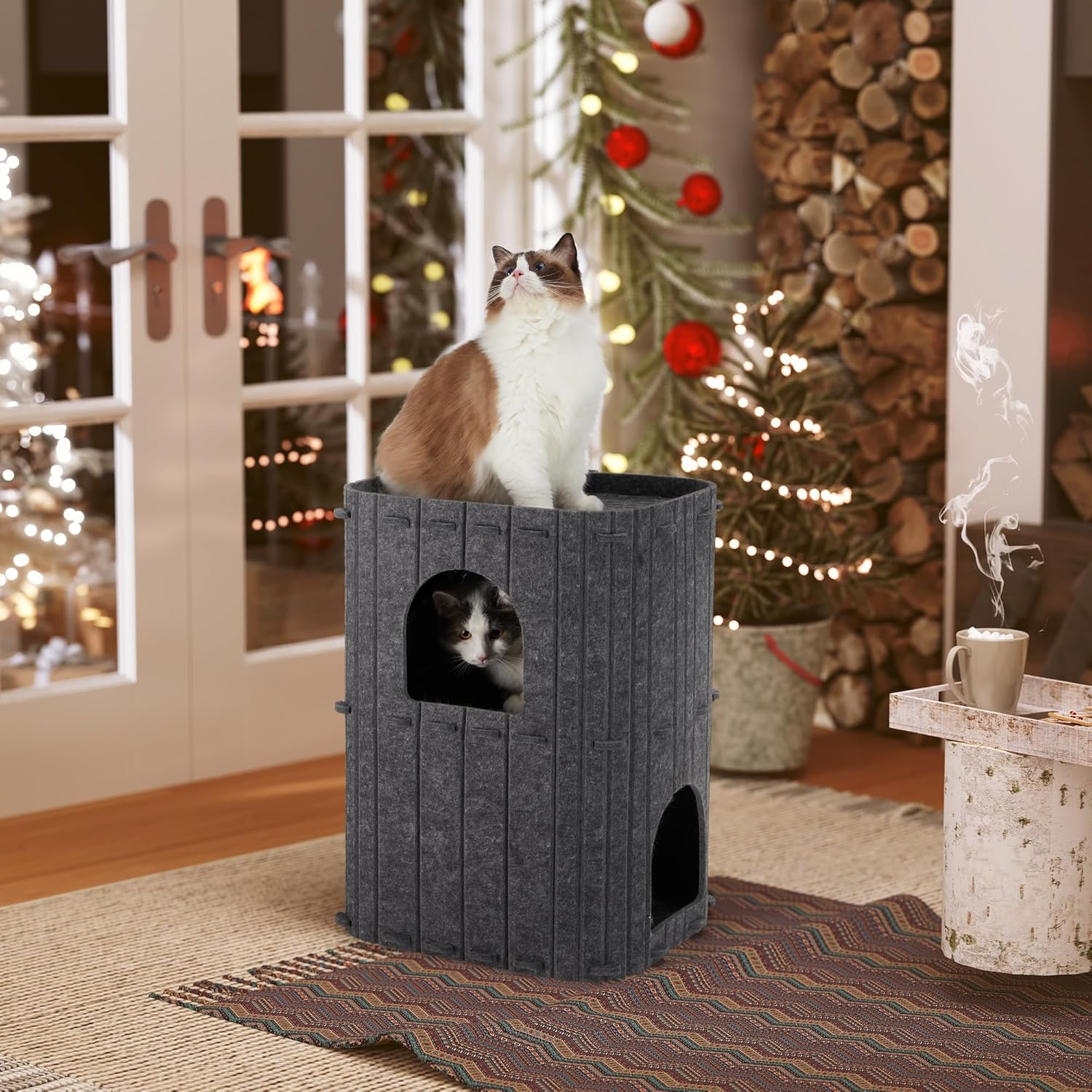 Cat House for Indoor Cats, 2-Storey Large Cat Bed Cave, Cozy Felt Covered Cats Tunnel Condo Hideaway for Multicats, 17.72X14.37X23.62 Inches, Dark Grey