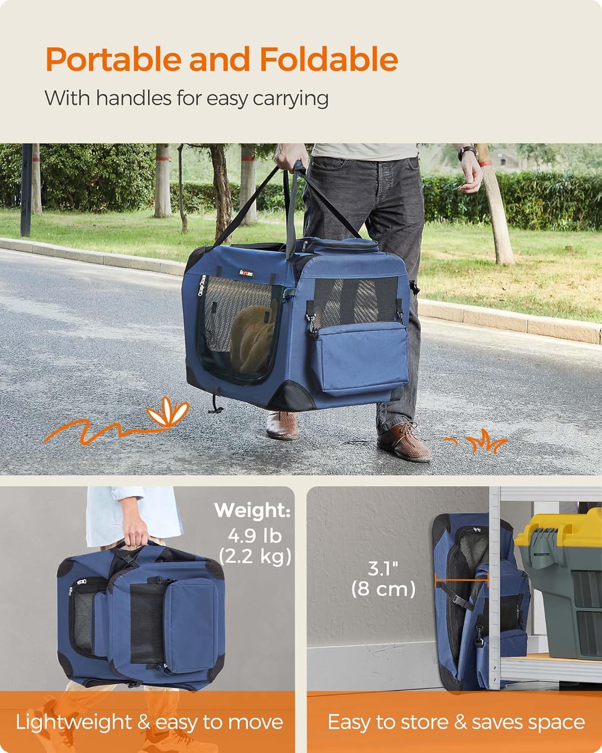 24 Inches Collapsible Soft Dog Crate, Portable Travel Dog Crate for Indoor and Outdoor Use, Dog Carrier Kennel with Safety Zippers, for Living Room, Car, Travelling, Campin, Dark Blue UPDC60Z