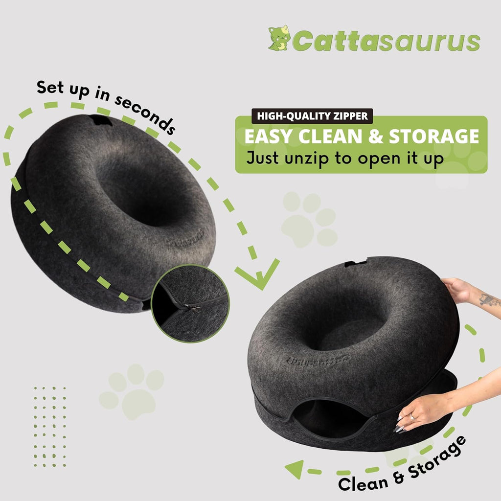 Peekaboo Cat Cave Donut for Multiple & Large Cats up to 30-45 Lbs, 3-In-1 Self Warming Cat Bed, Tunnel & Scratcher for Indoor Cats, Washable & Detachable Small Dog Bed (Dark Gray, Jumbo)