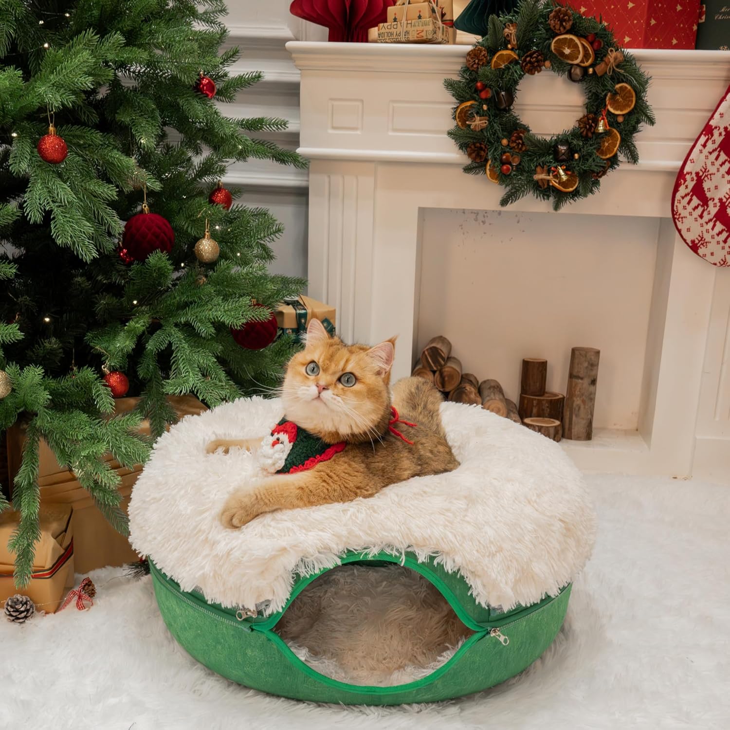 Peekaboo Cat Cave for Multiple & Large Cats up to 30-45 Lbs, Fluffy Cat Beds & Furniture, Scratch Detachable & Washable Tunnel Bed, Comfy Donut Bed (Forest Green, Large (Calming))