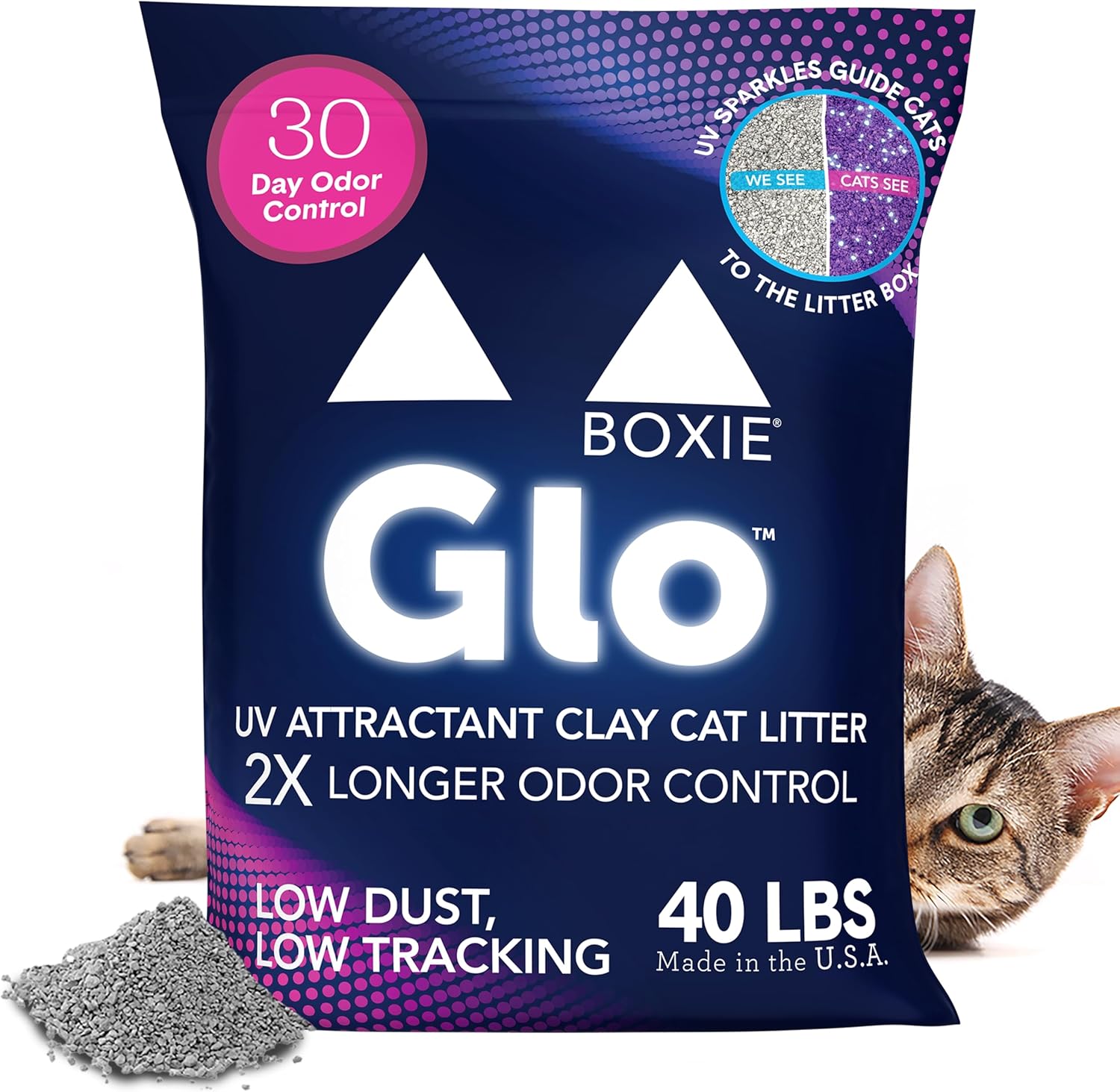 Boxie Glo Clumping Clay 30 Day Odor Control Cat Litter, 99.9% Dust-Free, Low Tracking, UV Light Attractant, 40 Lb