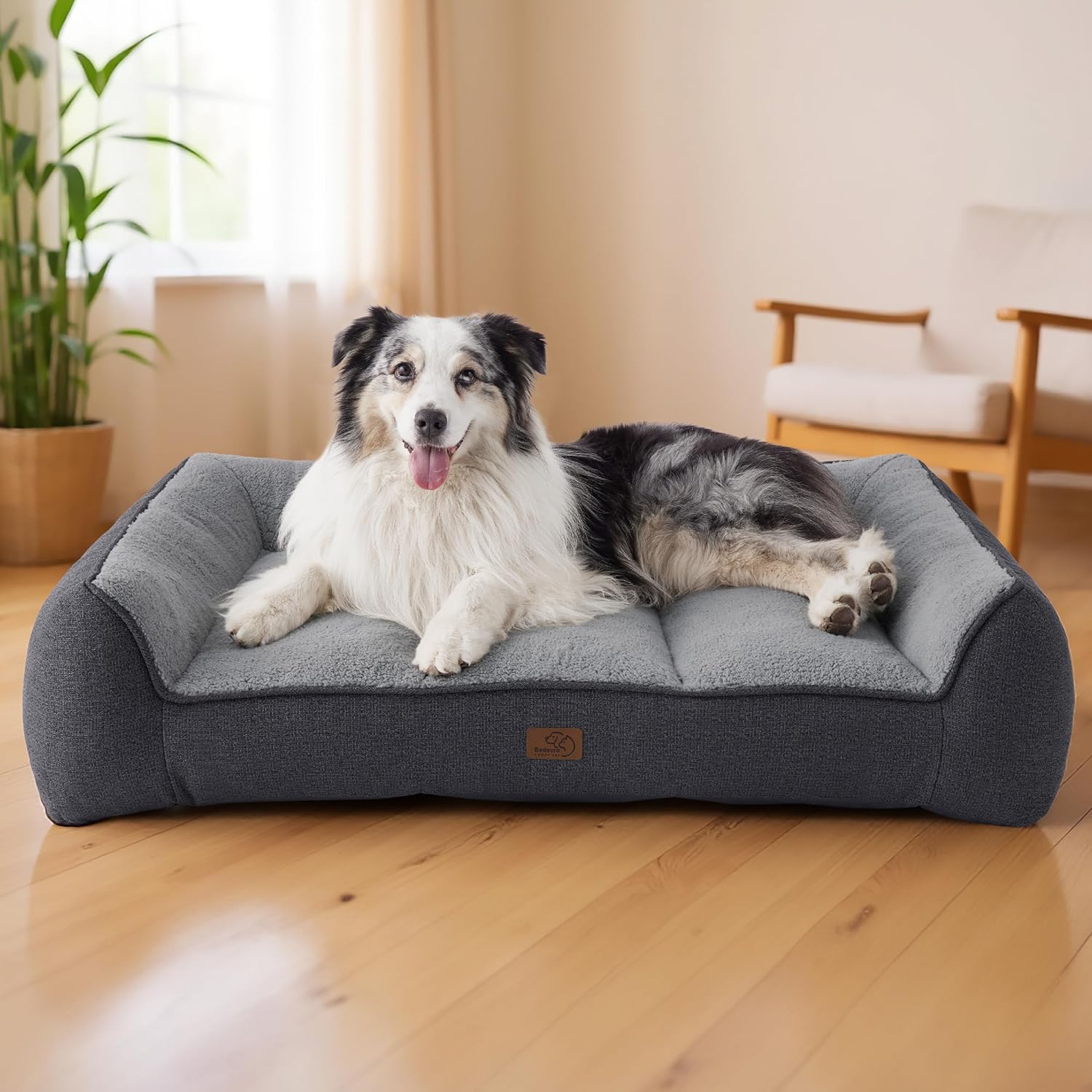 XL Orthopedic Dog Beds Large Sized Dog - Extra Thick Supportive Dogs Couch with Waterproof Washable Cover, Extra Large Comfort Pet Bed Sofa with Soft Plush Sherpa and Nonskid Bottom, Beige