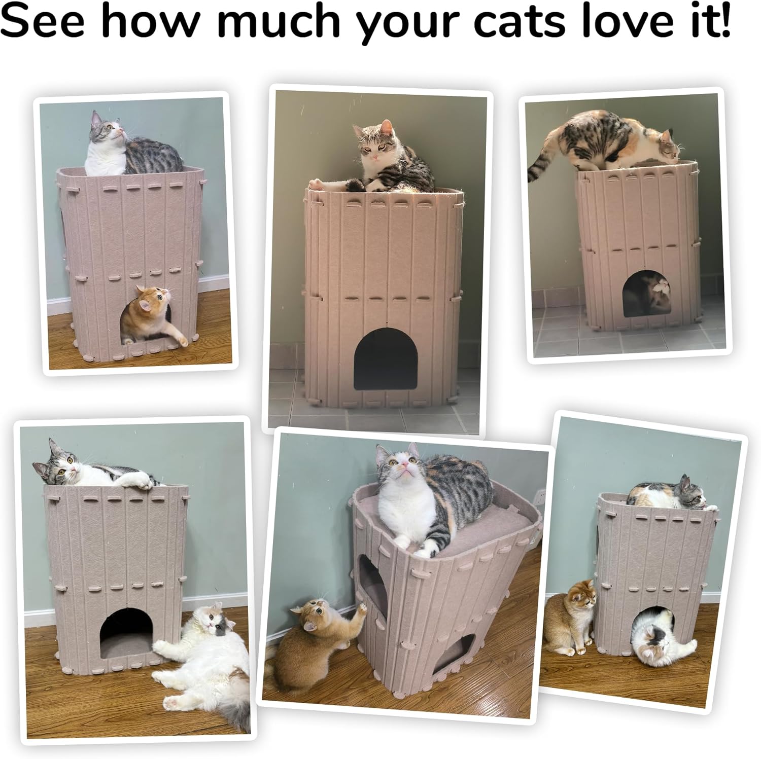 Cat House for Indoor Cats, 2-Storey Large Cat Bed Cave, Cozy Felt Covered Cats Tunnel Condo Hideaway for Multicats, 17.72X14.37X23.62 Inches, Beige