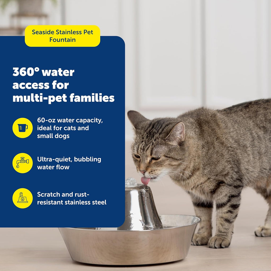 Seaside Stainless Pet Fountain - Encourages Hydration - Dual Filtration Removes Odors - Compact Design - Rust Resistant Material - Quiet Motor -