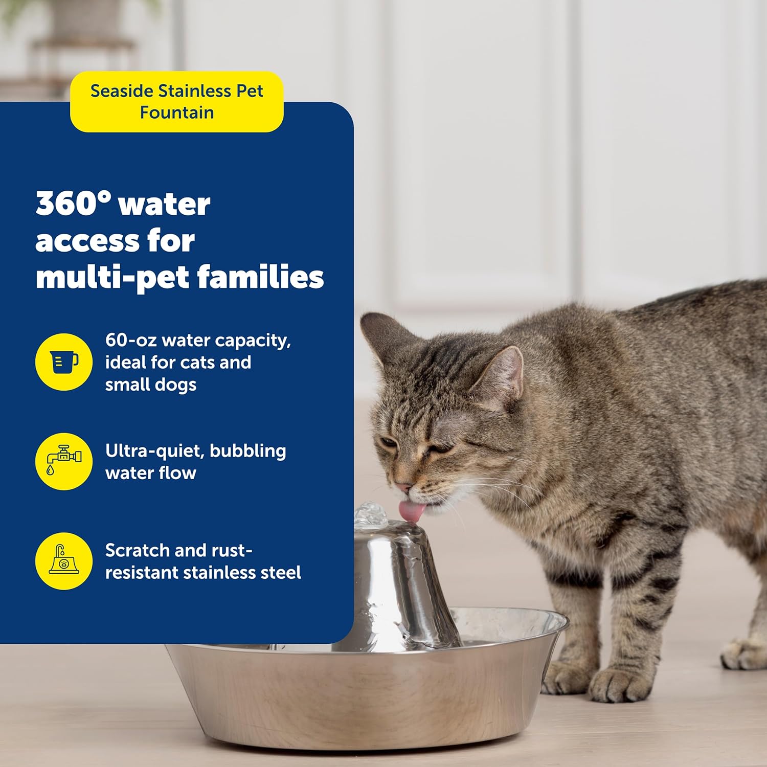 Seaside Stainless Pet Fountain - Encourages Hydration - Dual Filtration Removes Odors - Compact Design - Rust Resistant Material - Quiet Motor -