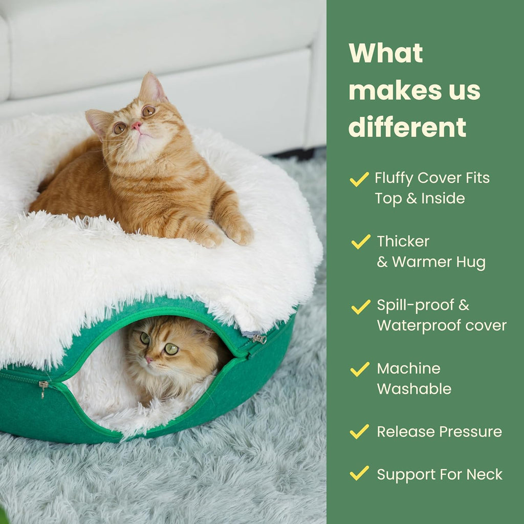 Peekaboo Cat Cave for Multiple & Large Cats up to 30-45 Lbs, Fluffy Cat Beds & Furniture, Scratch Detachable & Washable Tunnel Bed, Comfy Donut Bed (Forest Green, Large (Calming))