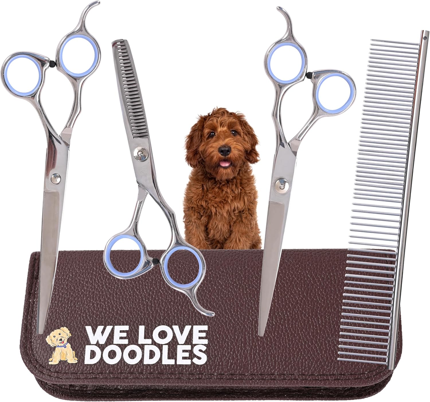 Dog Grooming Scissors Kit - Best Tools for Goldendoodles, Poodles & Doodles - Straight, Curved & Thinning Shears - Golden Doodle Grooming Kit - Professional Grade Steel, 4 Pc Set []
