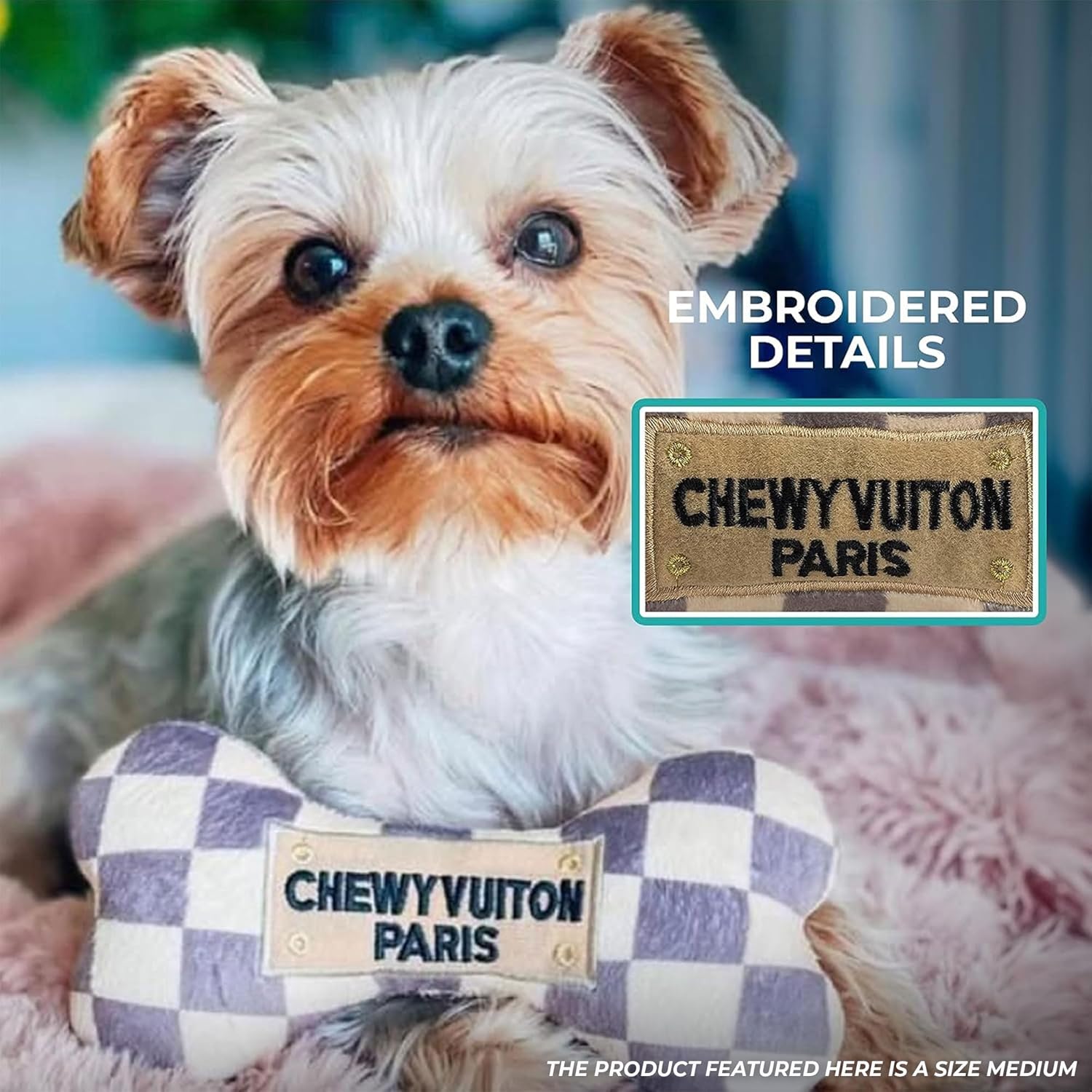 Checker Chewy Vuiton Bone, Plush Designer Dog Toys with Interactive Squeaker, Stimulating Pet Enrichment, Machine-Washable & Safe Materials for All Breeds, Size Medium