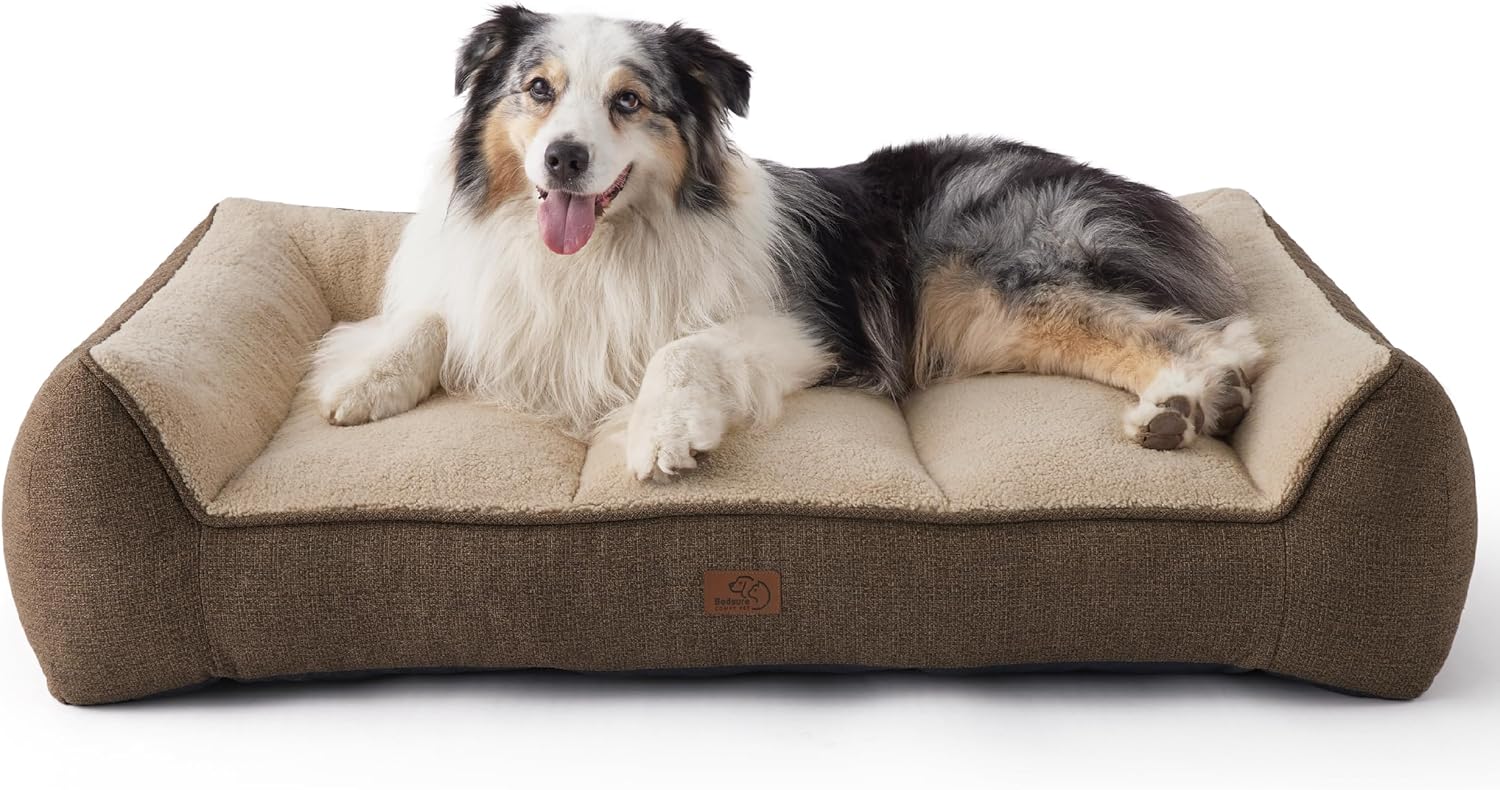 XL Orthopedic Dog Beds Large Sized Dog - Extra Thick Supportive Dogs Couch with Waterproof Washable Cover, Extra Large Comfort Pet Bed Sofa with Soft Plush Sherpa and Nonskid Bottom, Beige